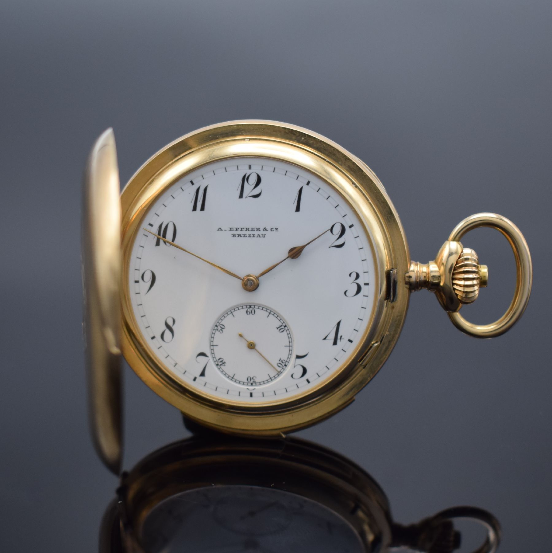 A. EPPNER & Co Breslau Herrensavonette mit Minutenrepetition in GG 585/000, Schweiz um 1910, glattes 3-Deckel Goldgeh., Monogramm auf d. Sprungdeckel ...