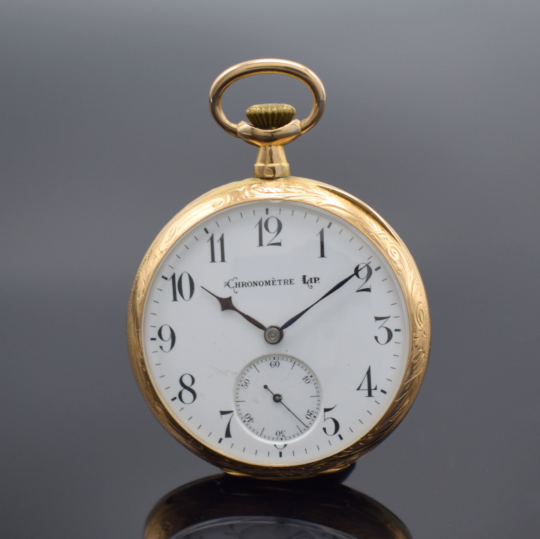 LIP CHRONOMÈTRE offene Herrentaschenuhr in RG 750/000, Frankreich um 1910, floral grav. 2 -Deckel-Goldgeh., Emailzifferbl. bez. "Chronomètre ...