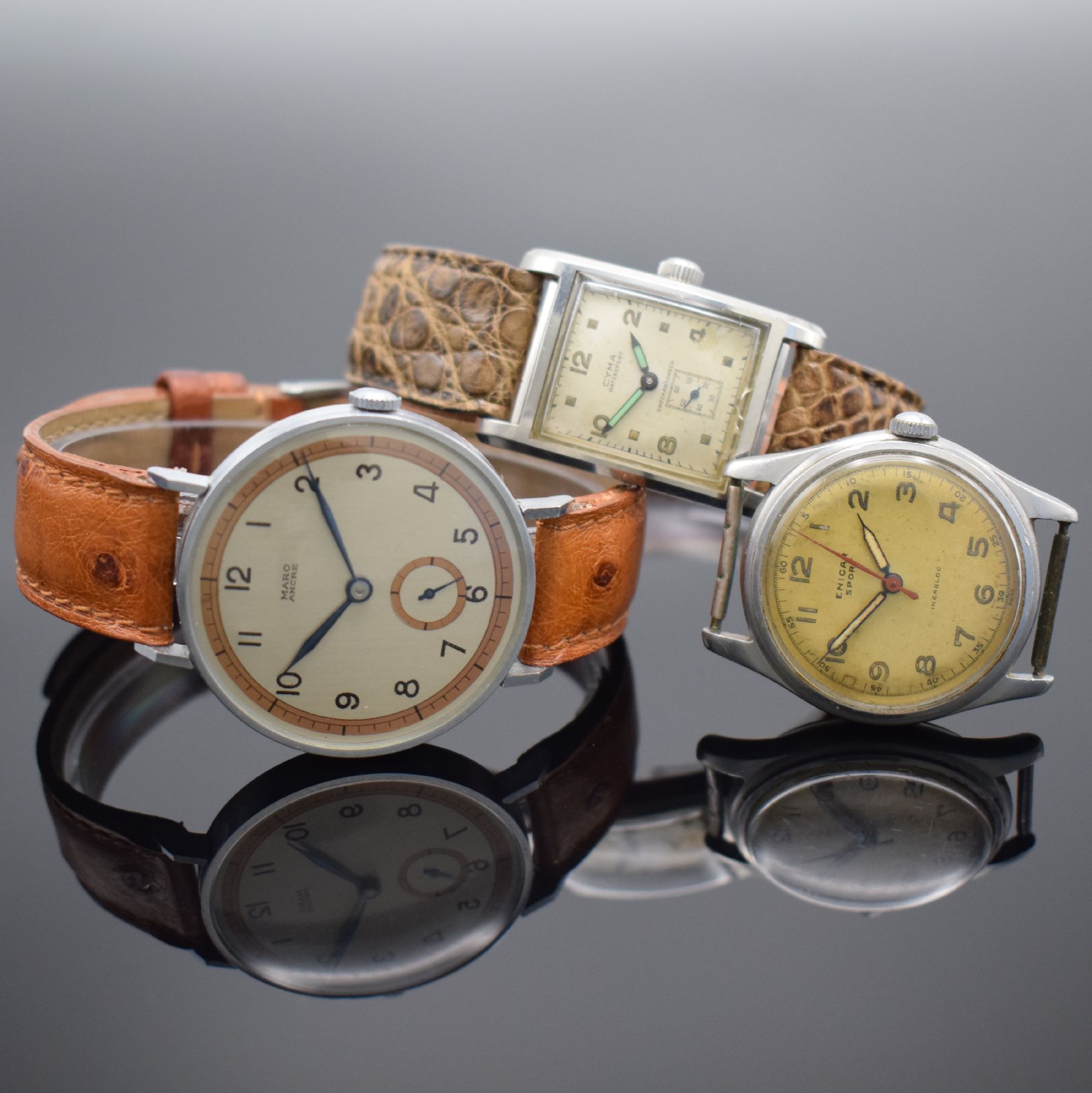 ENICAR/CYMA/MARO Konvolut 3 Armbanduhren, Schweiz um 1940-1950, Alle Handaufzug, 1. ENICAR Sport, verschr. Stahlgeh., pat. Zifferbl., ...