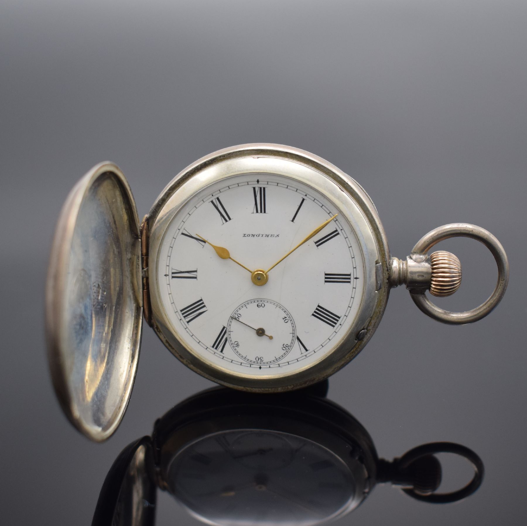 LONGINES frühe Herrensavonette in Silber, Schweiz um 1880 (Gründung 1867), grav. & guill. Geh. berieben/dell., Emailzifferbl. riss., kl. Sek. b. 6, ...