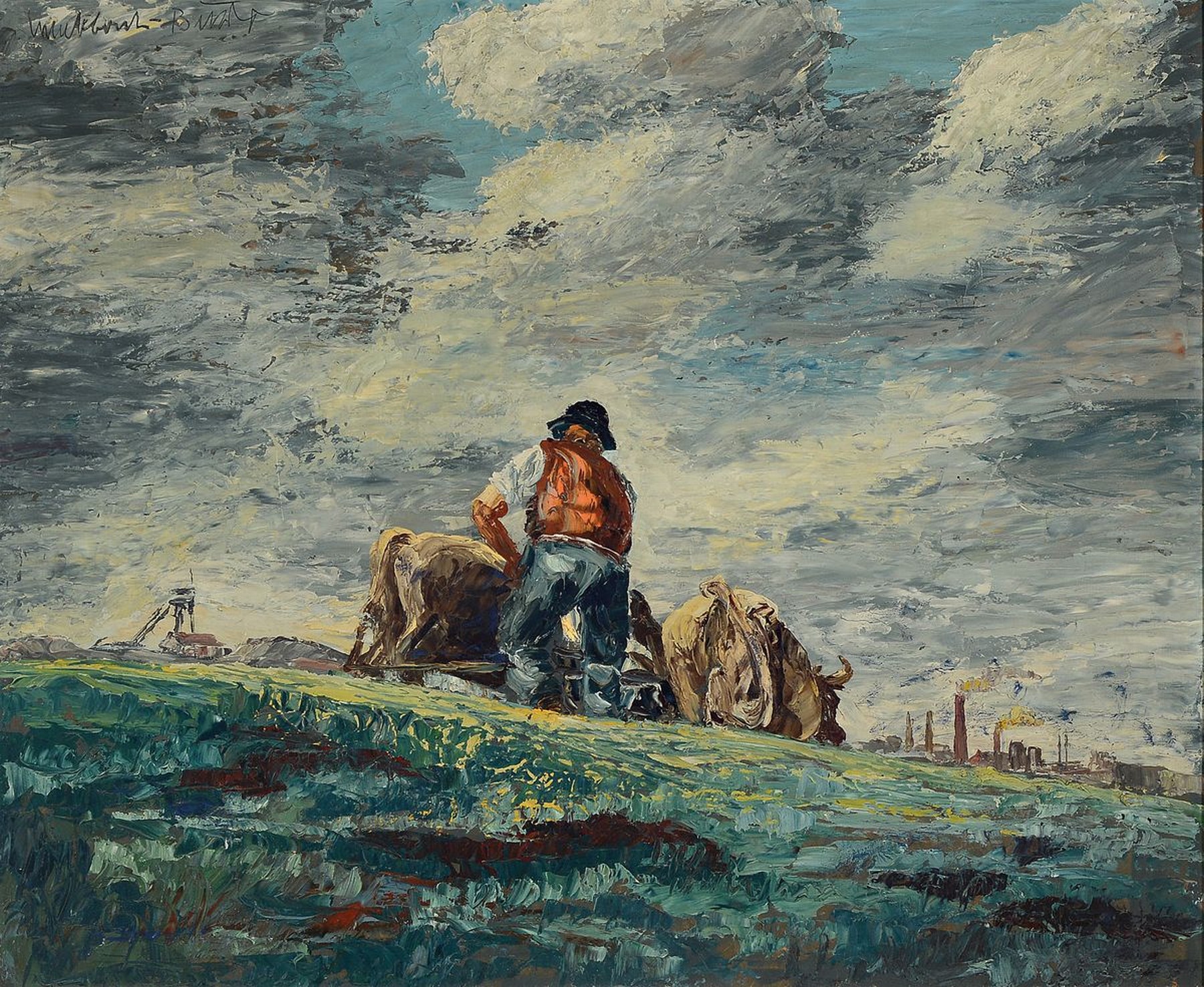 Unleserlich signiert, deutsch, 1930er/1940er Jahre, Pflügender Bauer mit Ochsengespann, im Hintergrund rauchende Industrieschlote und ein Kran, ...