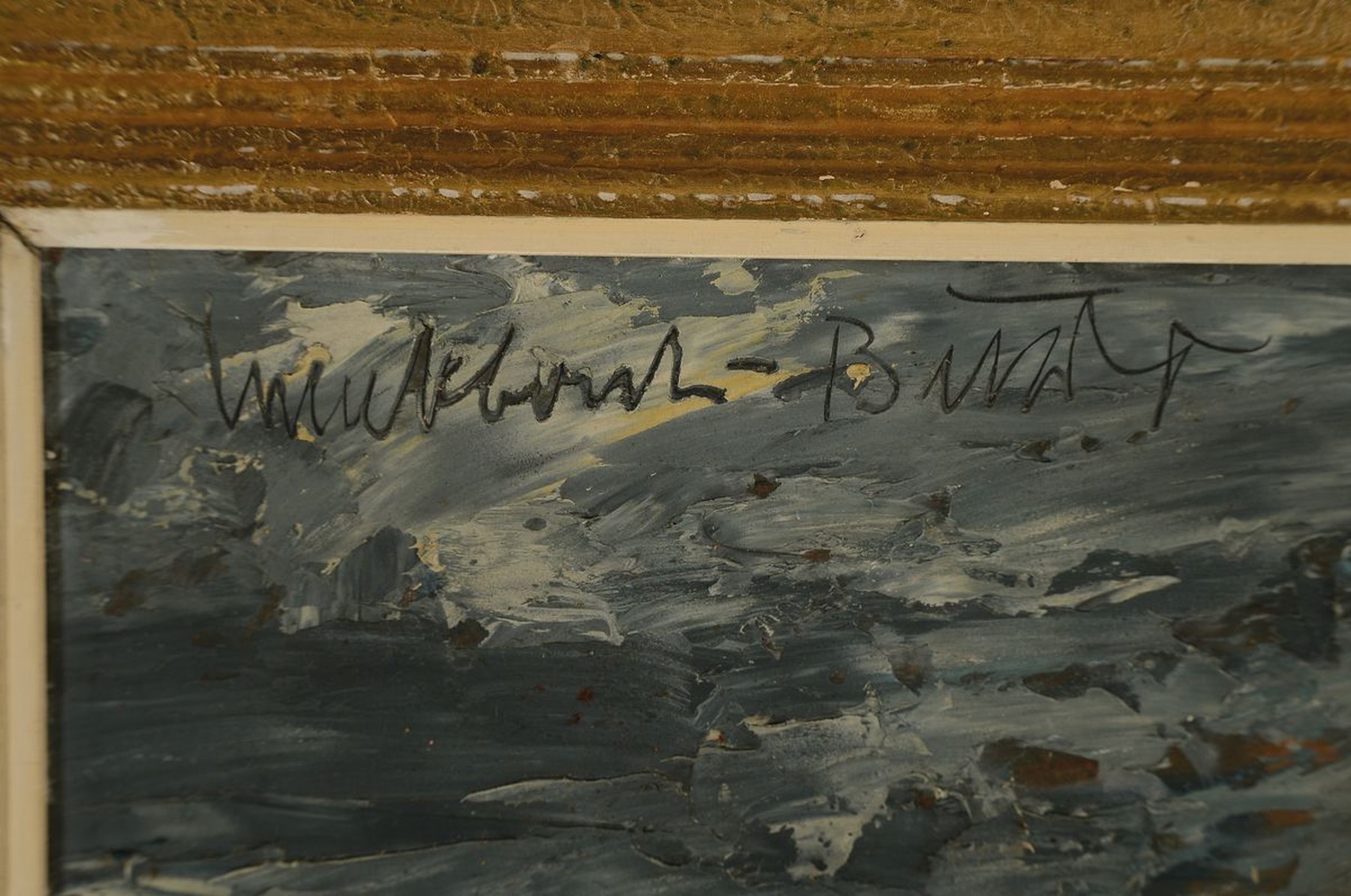 Detail a: Unleserlich signiert, deutsch, 1930er/1940er Jahre, Pflügender Bauer mit Ochsengespann, im Hintergrund rauchende Industrieschlote und ein Kran, ...