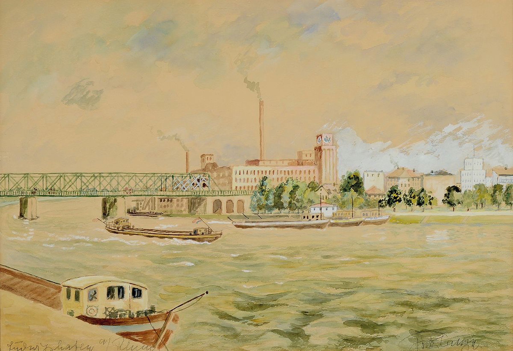 Fritz Langen, Maler der Mitte des 20. Jh., Blick über den Rhein auf die Walzmühle von Ludwigshafen, Aquarell auf Papier, sign. und betitelt, ca. ...