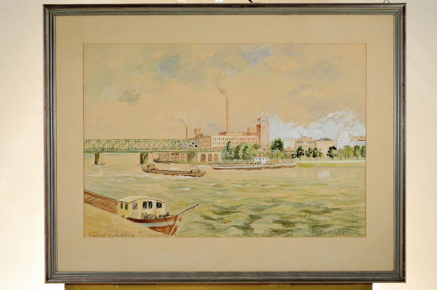 Detail k: Fritz Langen, Maler der Mitte des 20. Jh., Blick über den Rhein auf die Walzmühle von Ludwigshafen, Aquarell auf Papier, sign. und betitelt, ca. ...