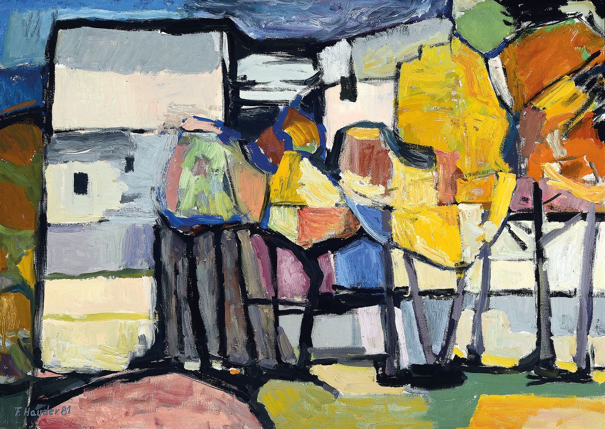 Fryderyk Antoni Hayder, 1905-1990, Häuser hinter Bäumen, Öl/Lwd, links unten signiert und dat. 81, ca. 50x70cm, R. ca. 53x 73cm