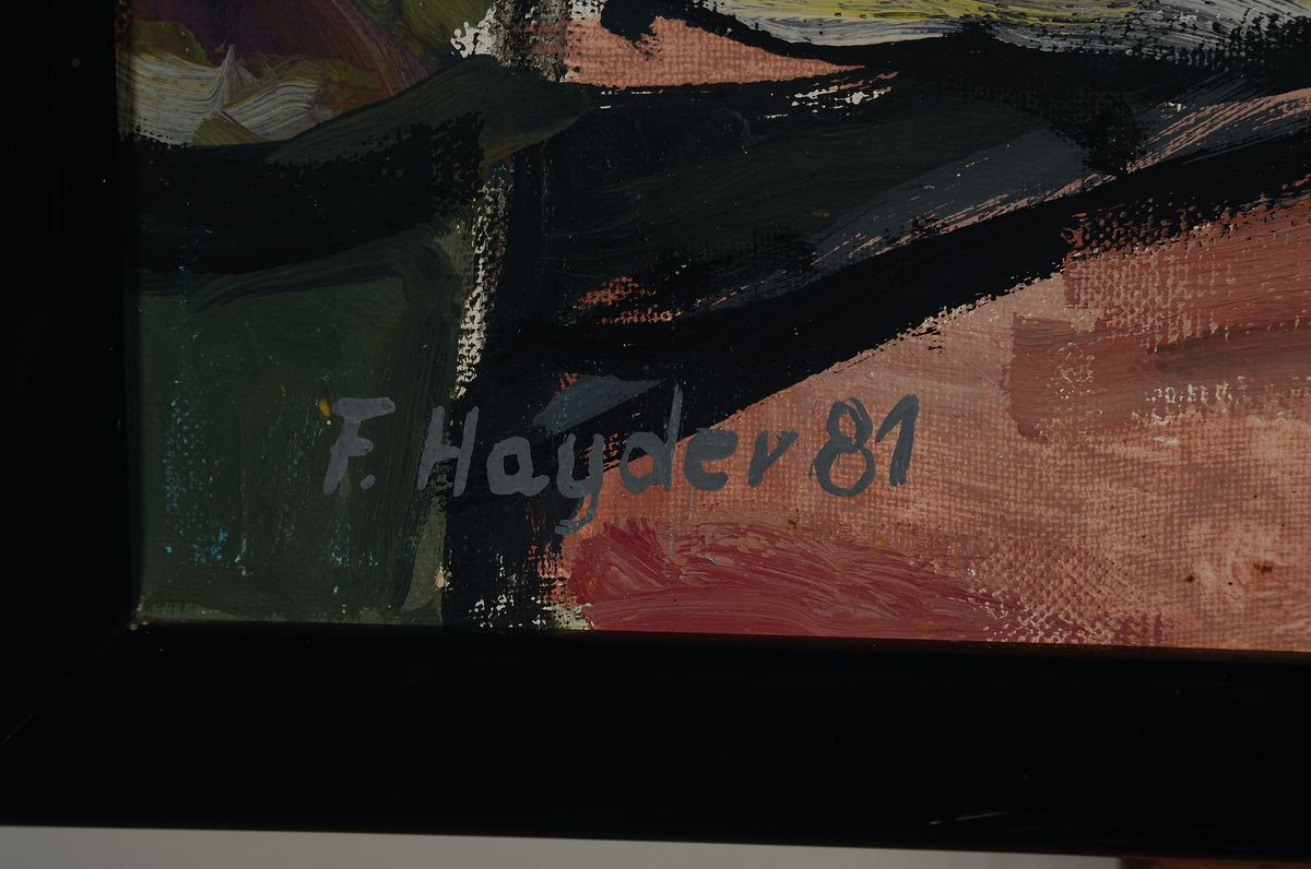 Detail e: Fryderyk Antoni Hayder, 1905-1990, Häuser hinter Bäumen, Öl/Lwd, links unten signiert und dat. 81, ca. 50x70cm, R. ca. 53x 73cm