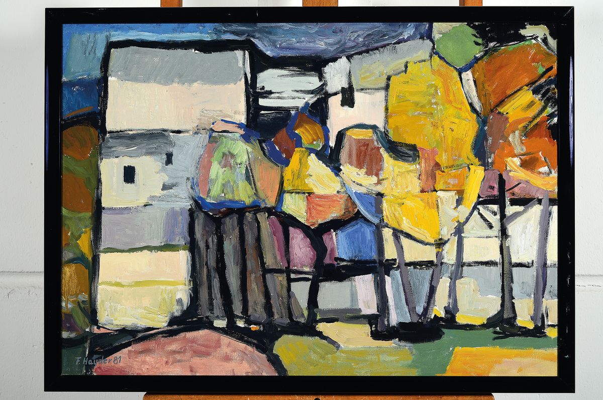 Detail k: Fryderyk Antoni Hayder, 1905-1990, Häuser hinter Bäumen, Öl/Lwd, links unten signiert und dat. 81, ca. 50x70cm, R. ca. 53x 73cm