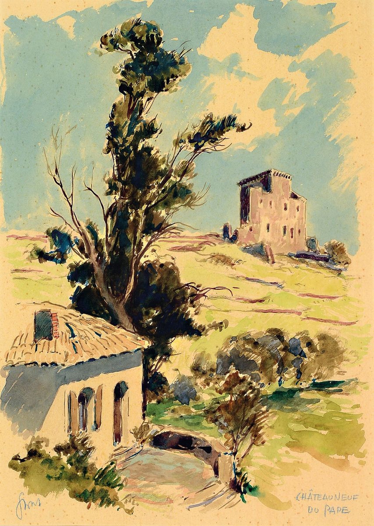 Karl Graf, 1902-1986 Speyer, Chateauneuf du Pape, Gouache auf Papier, leicht gebräunt, signiert und betitelt, ca. 33x23cm, PP, u.Gl., R. ca. 50x40cm