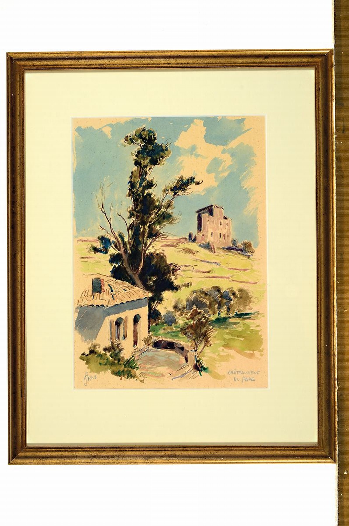 Detail k: Karl Graf, 1902-1986 Speyer, Chateauneuf du Pape, Gouache auf Papier, leicht gebräunt, signiert und betitelt, ca. 33x23cm, PP, u.Gl., R. ca. 50x40cm
