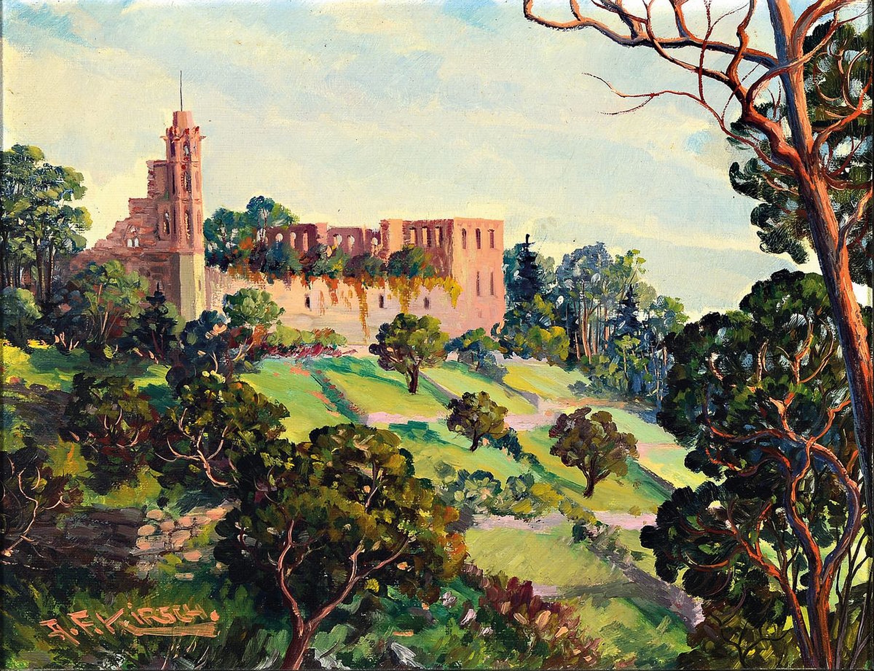 August Friedrich Kirsch, 1882 Edenkoben-1949 Neustadt a.d. Weinstraße, Blick auf die Limburg, Öl/Malkarton, signiert, ca. 33x42cm, R. ca. 45x54cm