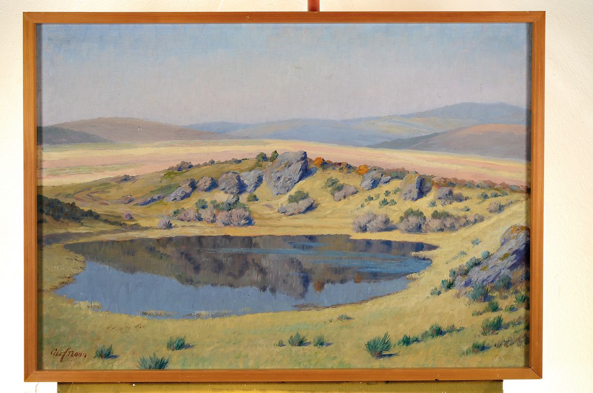 Detail k: Carl Nonn, 1876-1949, bekannter Eifelmaler, hier: Einsamkeit, Eifelmaar am Mosenberg, rückseitig so betitelt und dat. 1920, Öl/Lwd, links unten ...