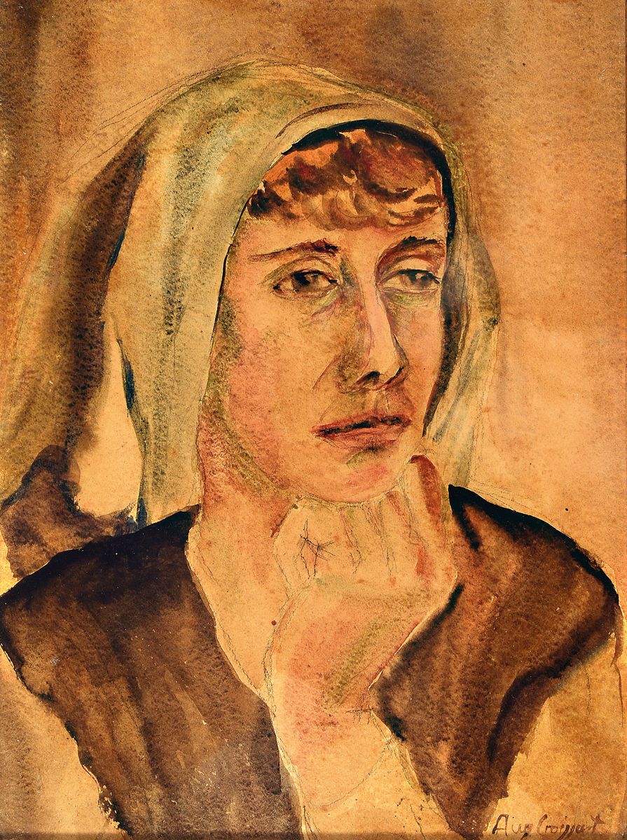 Detail a: August Croissant, 1870 Edenkoben-1941 Landau, 2 Arbeiten: 1) Aquarell, Porträt einer Frau mit Kopftuch, rechts unten sign., ca. 40x30cm, R. ca. ...
