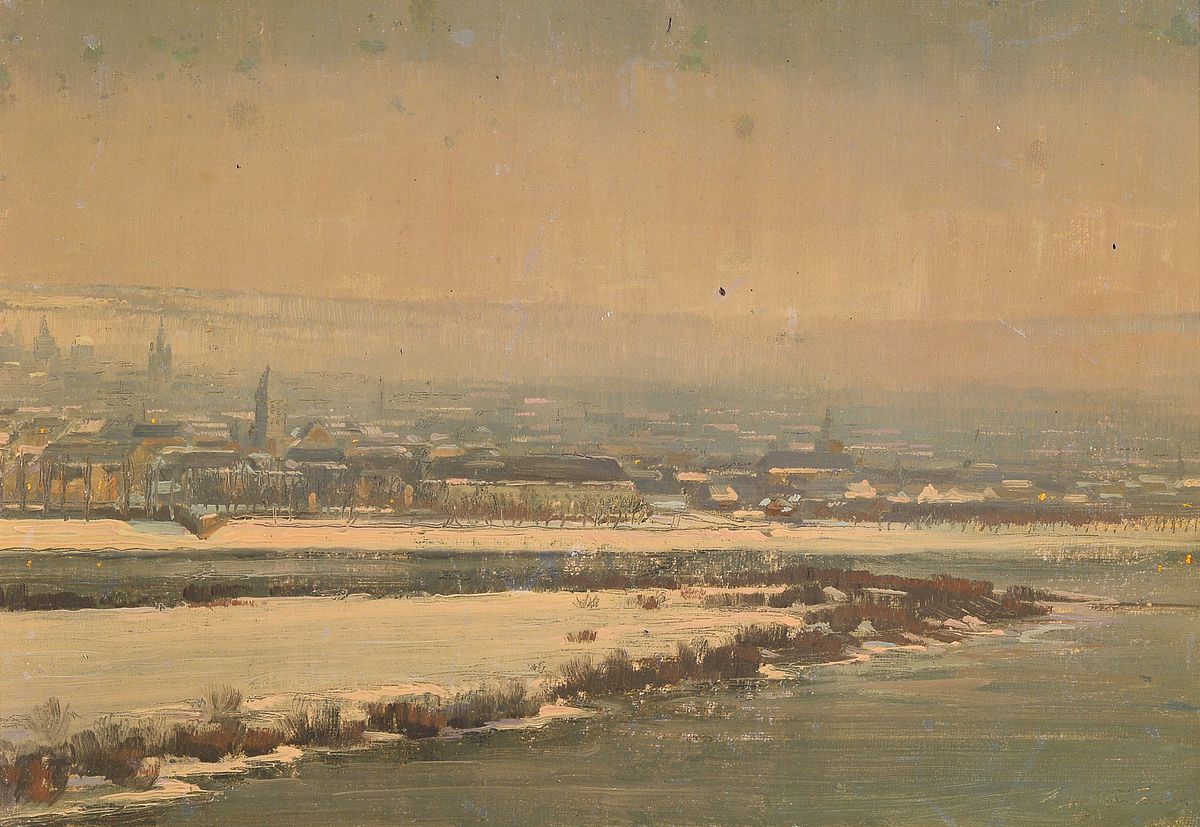 Ungedeuteter Künstler des frühen 20.Jh., winterliche Stadtsilhouette, wohl Blick über die Donau auf Ulm, atmosphärische Darstellung, rechts unten ...