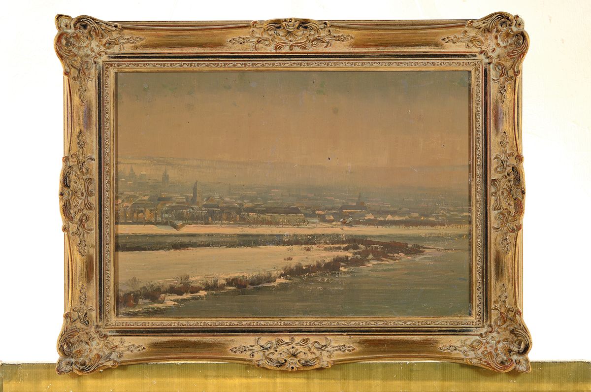Detail k: Ungedeuteter Künstler des frühen 20.Jh., winterliche Stadtsilhouette, wohl Blick über die Donau auf Ulm, atmosphärische Darstellung, rechts unten ...