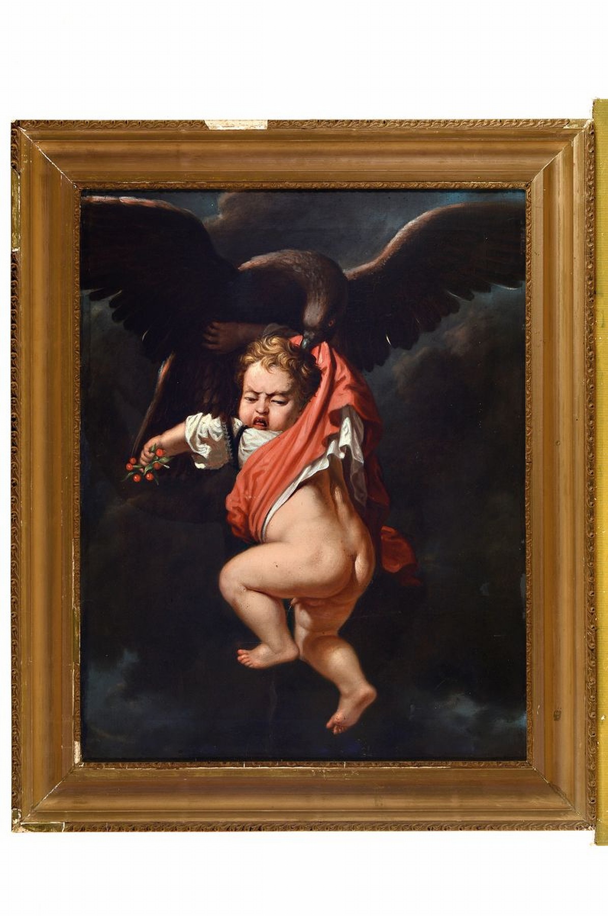 Detail k: Unbekannter Künstler, 2. Hälfte 19. Jh., qualitätvolle Kopie nach Rembrandts Werk: Die Entführung des Ganymed, Öl/Lwd, rest., ca. 61x48cm, R. ...