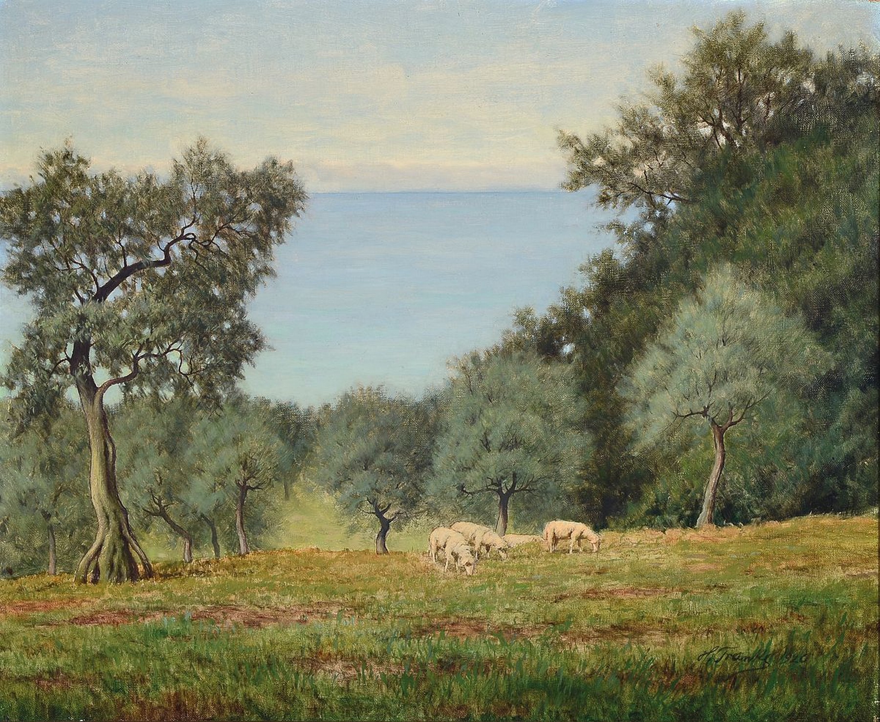 Hanni Franke, 1890 Hochheim-1973 Frankfurt am Main, Schafe auf einer Baum bestandenen Weide vor einem See, Öl/Lwd, rechts unten signiert und dat. ...