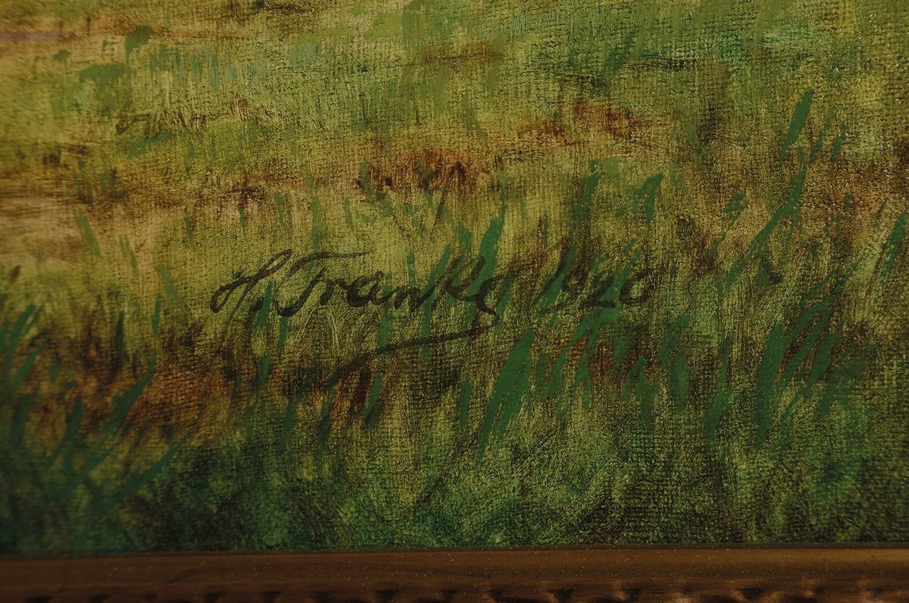 Detail a: Hanni Franke, 1890 Hochheim-1973 Frankfurt am Main, Schafe auf einer Baum bestandenen Weide vor einem See, Öl/Lwd, rechts unten signiert und dat. ...