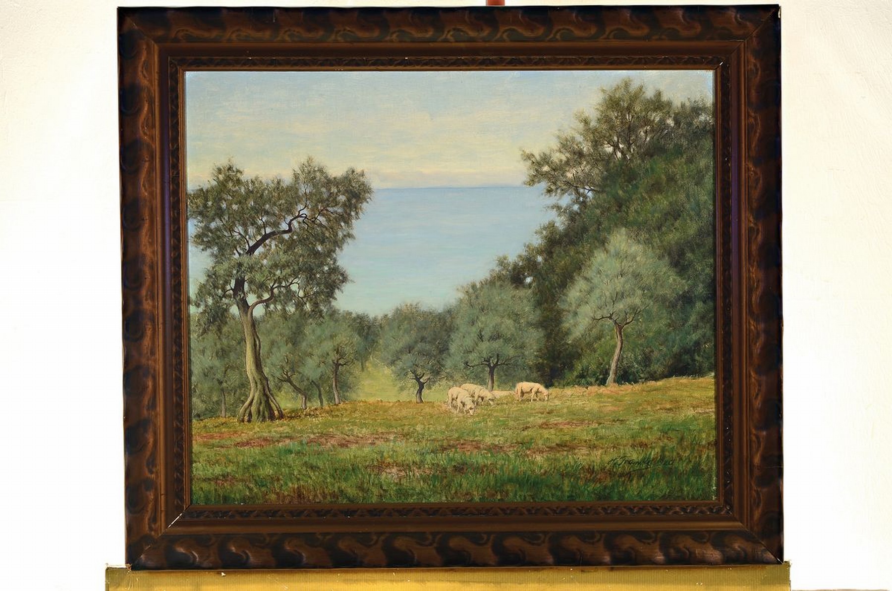 Detail k: Hanni Franke, 1890 Hochheim-1973 Frankfurt am Main, Schafe auf einer Baum bestandenen Weide vor einem See, Öl/Lwd, rechts unten signiert und dat. ...