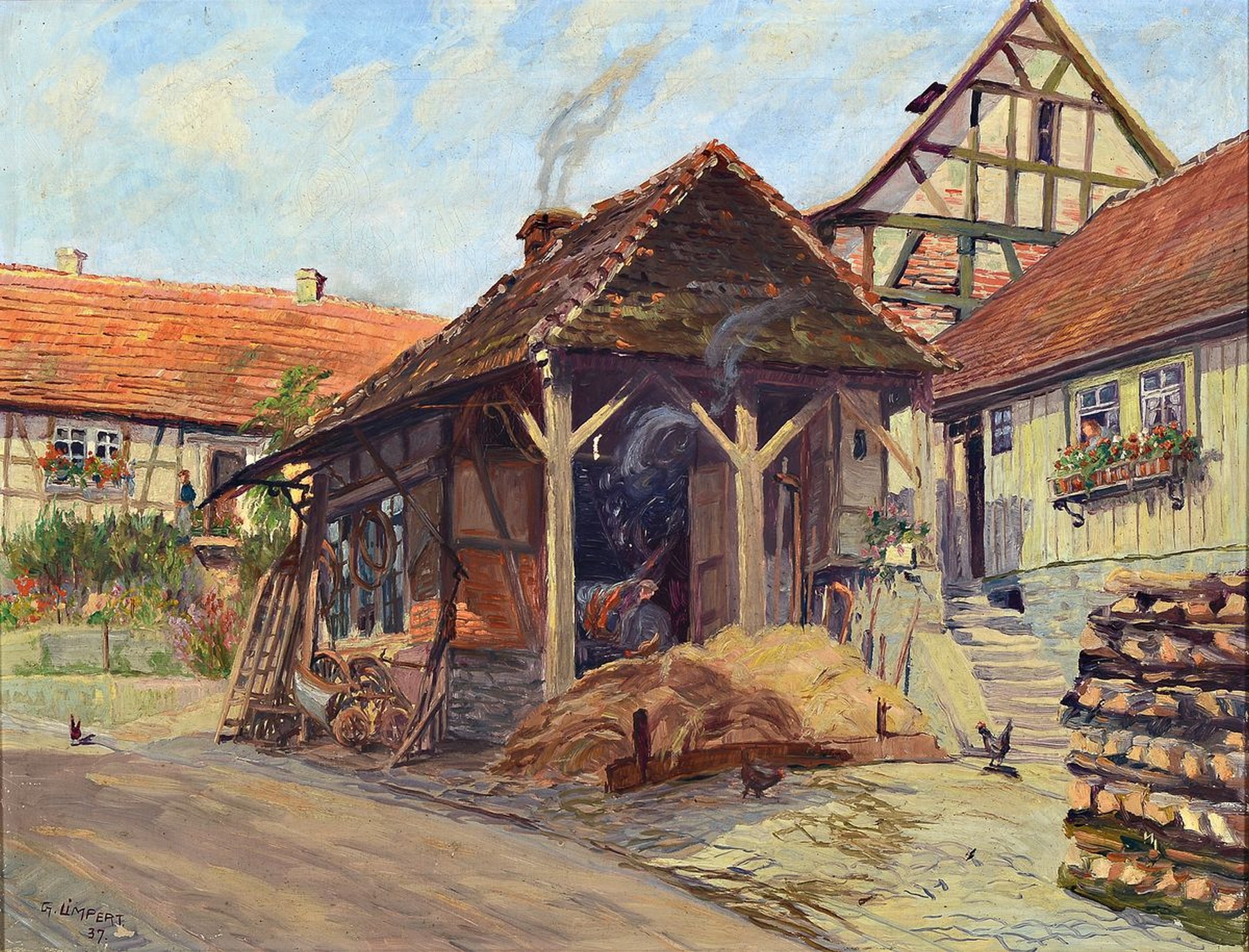 G. Limpert, Maler des frühen 20. Jh., Blick in einen Bauernhof, Öl/Lwd, links unten signiert, kleinere Farbabplatzungen, ca. 46x60cm, R. ca. 54x68cm