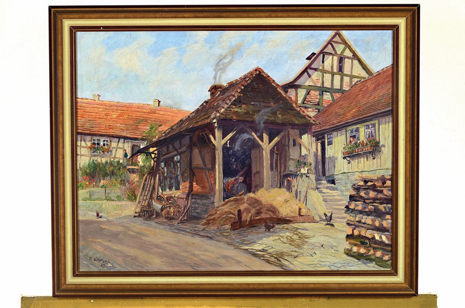 Detail k: G. Limpert, Maler des frühen 20. Jh., Blick in einen Bauernhof, Öl/Lwd, links unten signiert, kleinere Farbabplatzungen, ca. 46x60cm, R. ca. 54x68cm