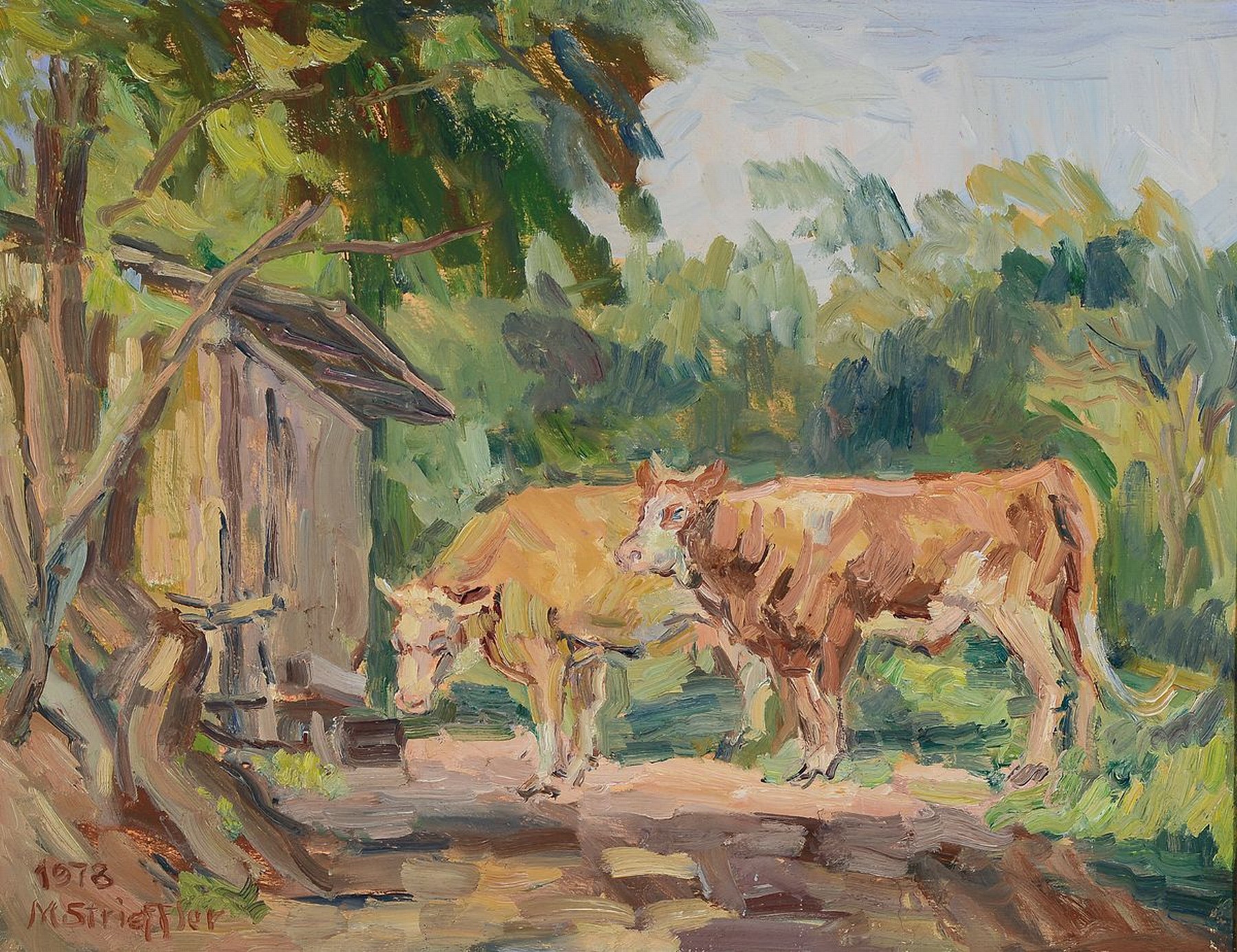 Marie Strieffler, 1917-1987 Landau, Kühe vor dem Stall, Öl/Lwd, links unten signiert und dat. 1978, ca. 60x75cm, R. ca. 68x85cm