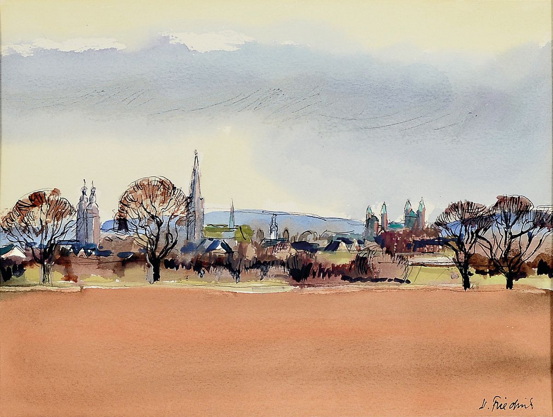 Heinz Friedrich, 1924-2018 Schwetzingen, Blick über die Felder auf Speyer, Aquarell auf Papier, rechts unten signiert, ca. 22x29cm, PP, u.Gl., R. ...