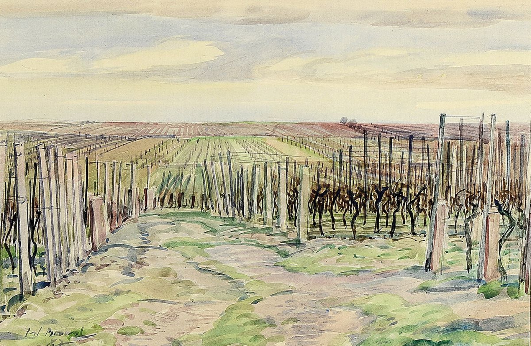 Werner Brand, 1933-2021, Landschaft mit Rebenzeilen, Aquarell auf Papier, links unten signiert und dat. 87, ca. 25x38cm, PP, u.Gl., R. ca. 53x63cm