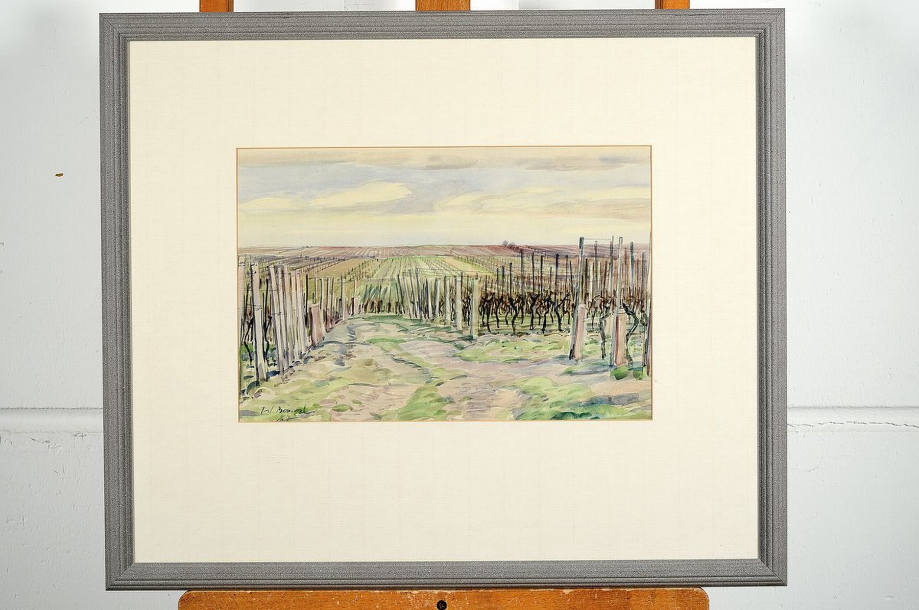 Detail k: Werner Brand, 1933-2021, Landschaft mit Rebenzeilen, Aquarell auf Papier, links unten signiert und dat. 87, ca. 25x38cm, PP, u.Gl., R. ca. 53x63cm