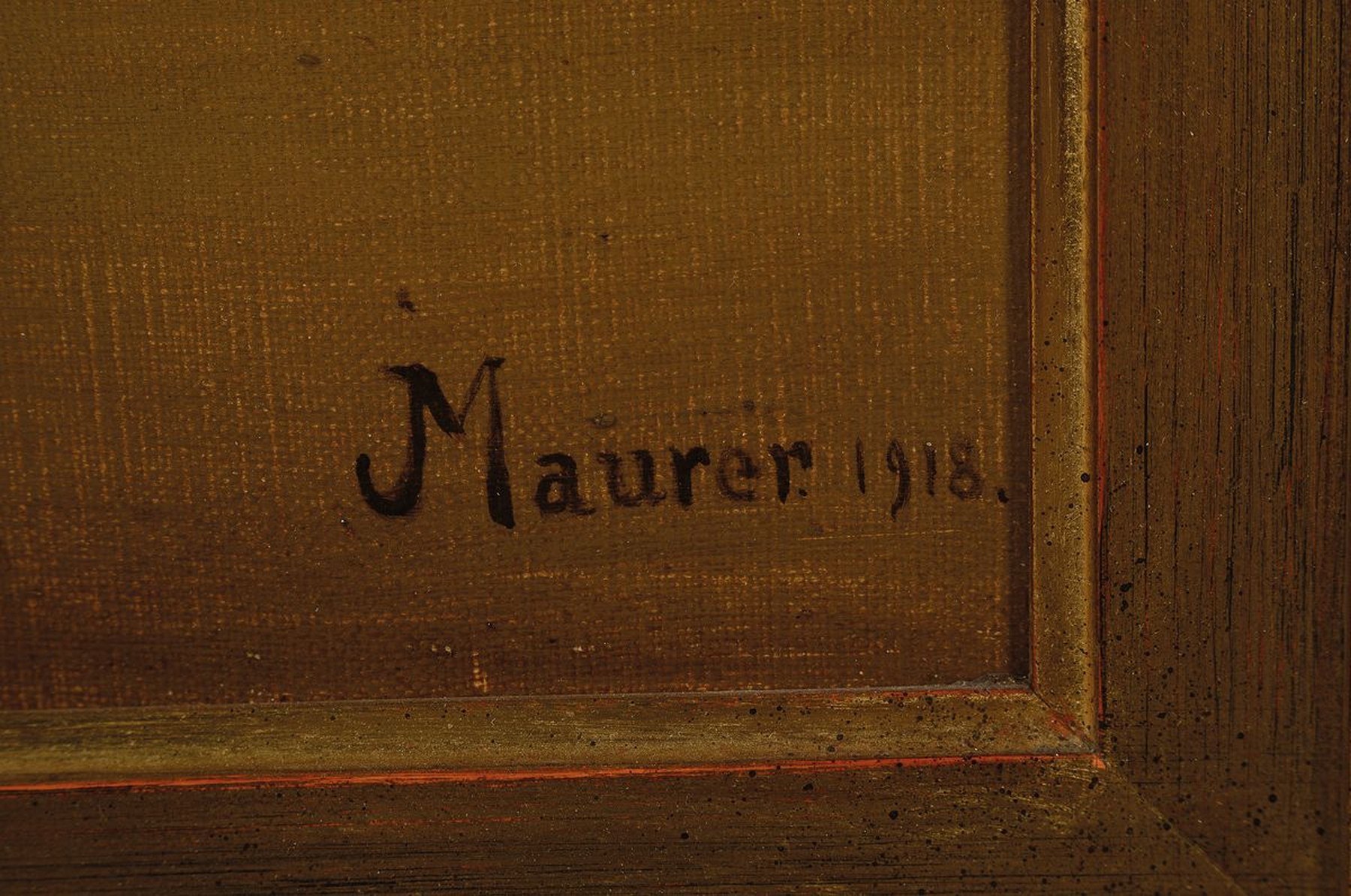Detail a: Maurer, Künstler des frühen 20.Jh., Stillleben mit Pfirsischen, Trauben u. Silberbecher, rechts unten signiert u. datiert 1918, Öl/Lwd, breiter ...