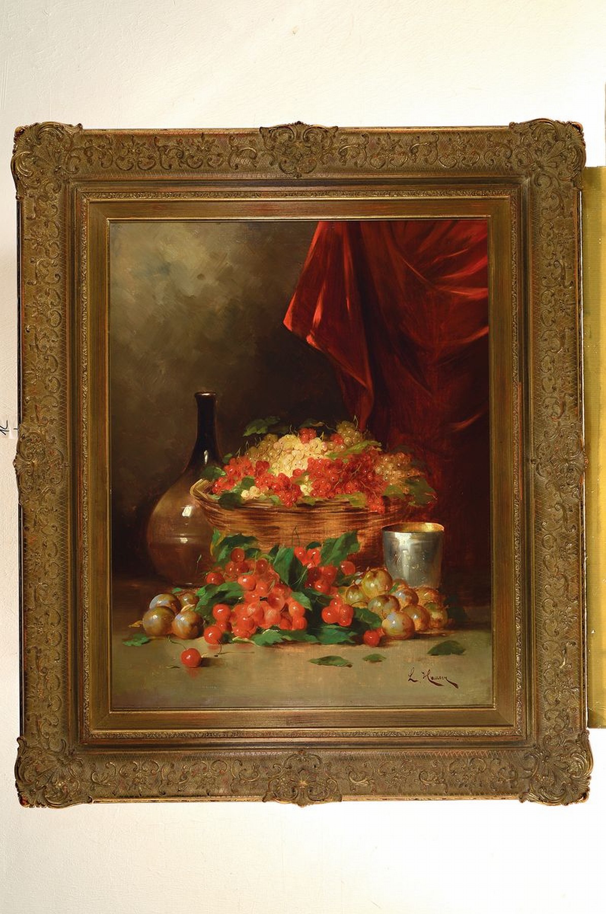 Detail k: L. Hauser, Künstler der 1.H. des 20.Jh., Früchtestillleben mit Johannisbeeren, Kirschen und Silberbecher, rechts unten signiert, Öl/Lwd, breiter ...
