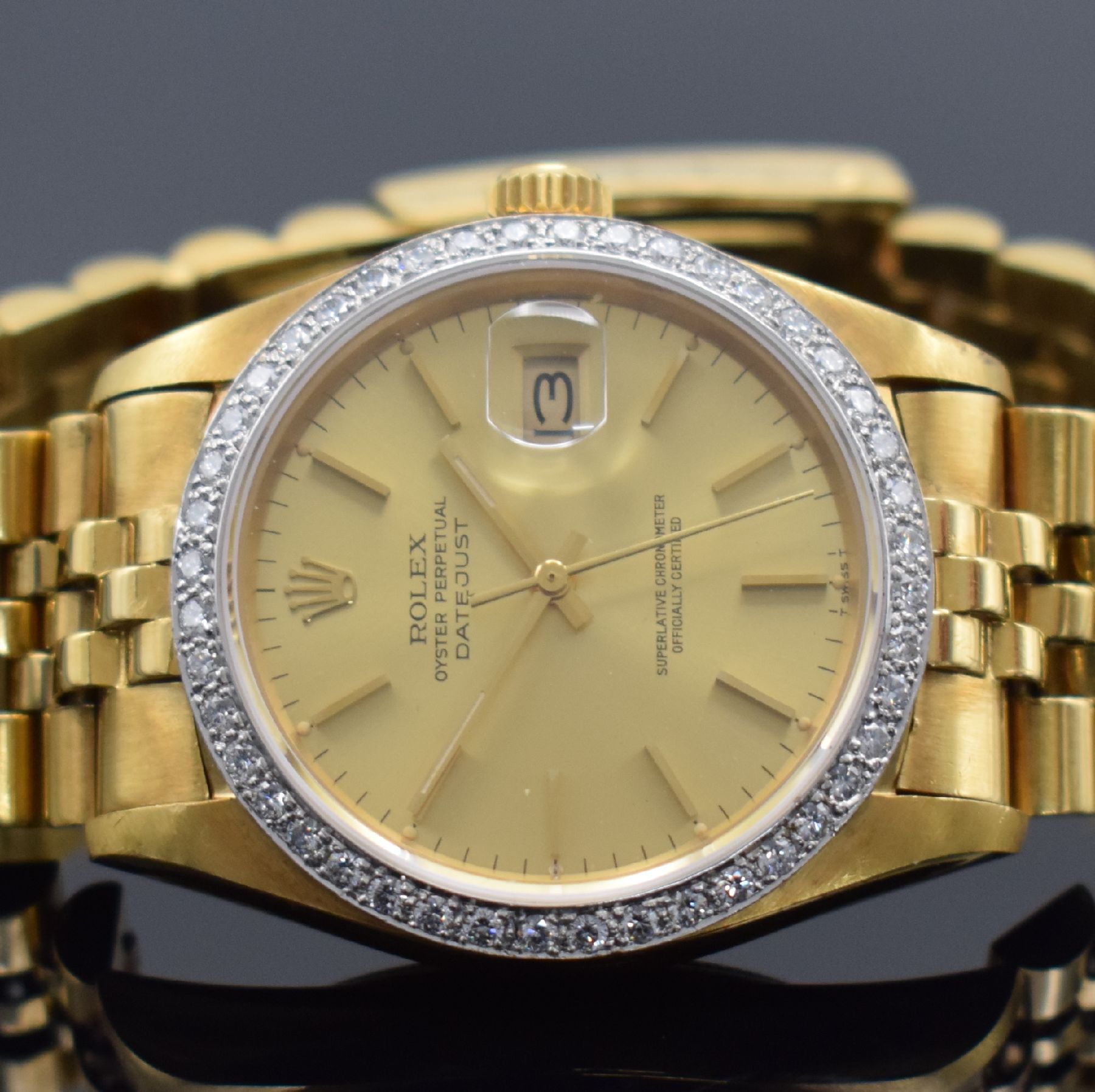 Detail b: ROLEX Herrenarmbanduhr Oyster Perpetual Datejust in GG 750/000 Referenz 16018, Schweiz um 1980, Automatik, verschr. Gehäuse, gestiftetes / nicht ...