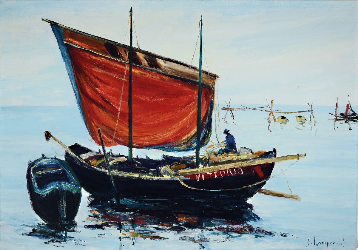Anton Lamprecht, 1901 Allershausen - 1984 München, Studium bei Kunowskin Düsseldorf und an der Akademie München, Fischerboot vor der Küste, ...