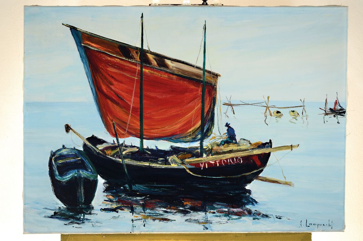 Detail k: Anton Lamprecht, 1901 Allershausen - 1984 München, Studium bei Kunowskin Düsseldorf und an der Akademie München, Fischerboot vor der Küste, ...