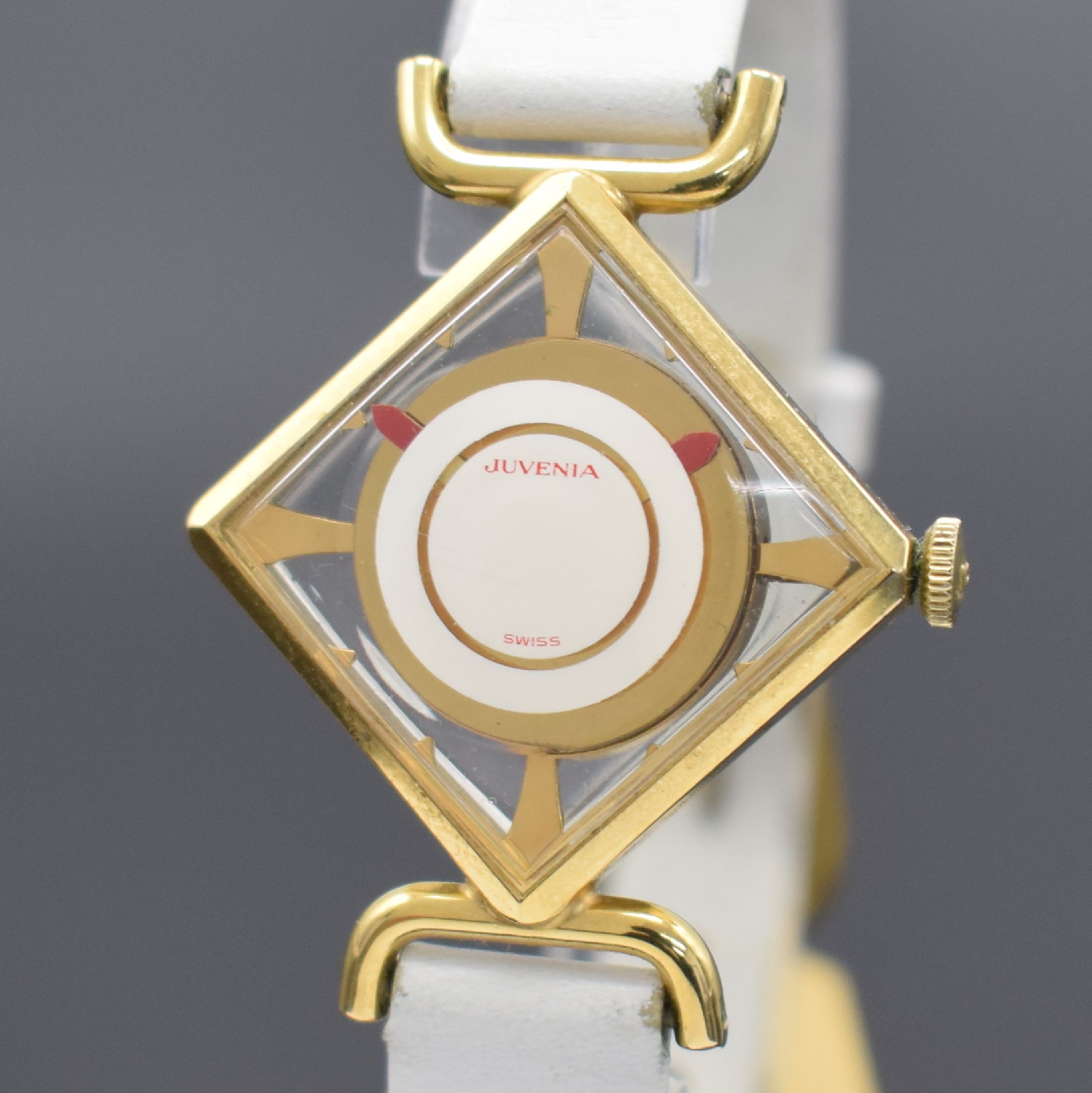Detail a: JUVENIA vergoldete Cocktail Watch, Schweiz 1960er Jahre, Handaufzug, quadratisches Geh., Boden aufgedr., weißes Zifferbl. m. roten Zeigern, Kal. ...