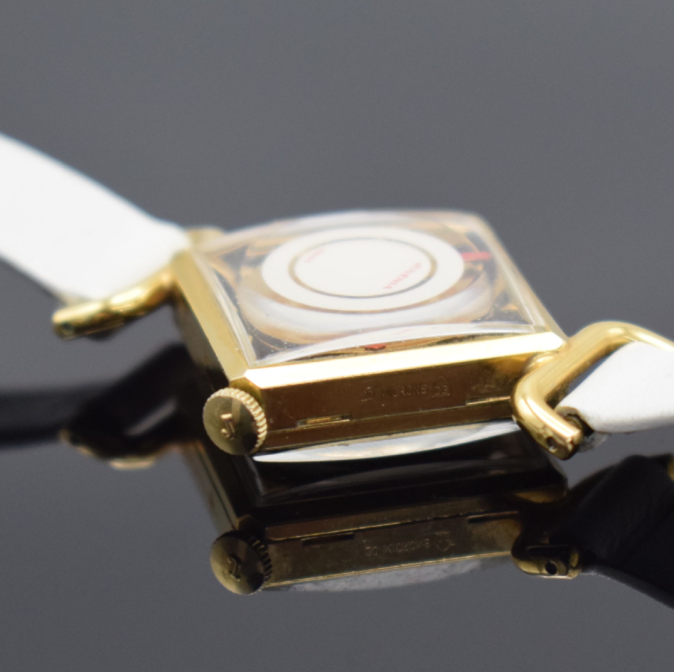 Detail c: JUVENIA vergoldete Cocktail Watch, Schweiz 1960er Jahre, Handaufzug, quadratisches Geh., Boden aufgedr., weißes Zifferbl. m. roten Zeigern, Kal. ...