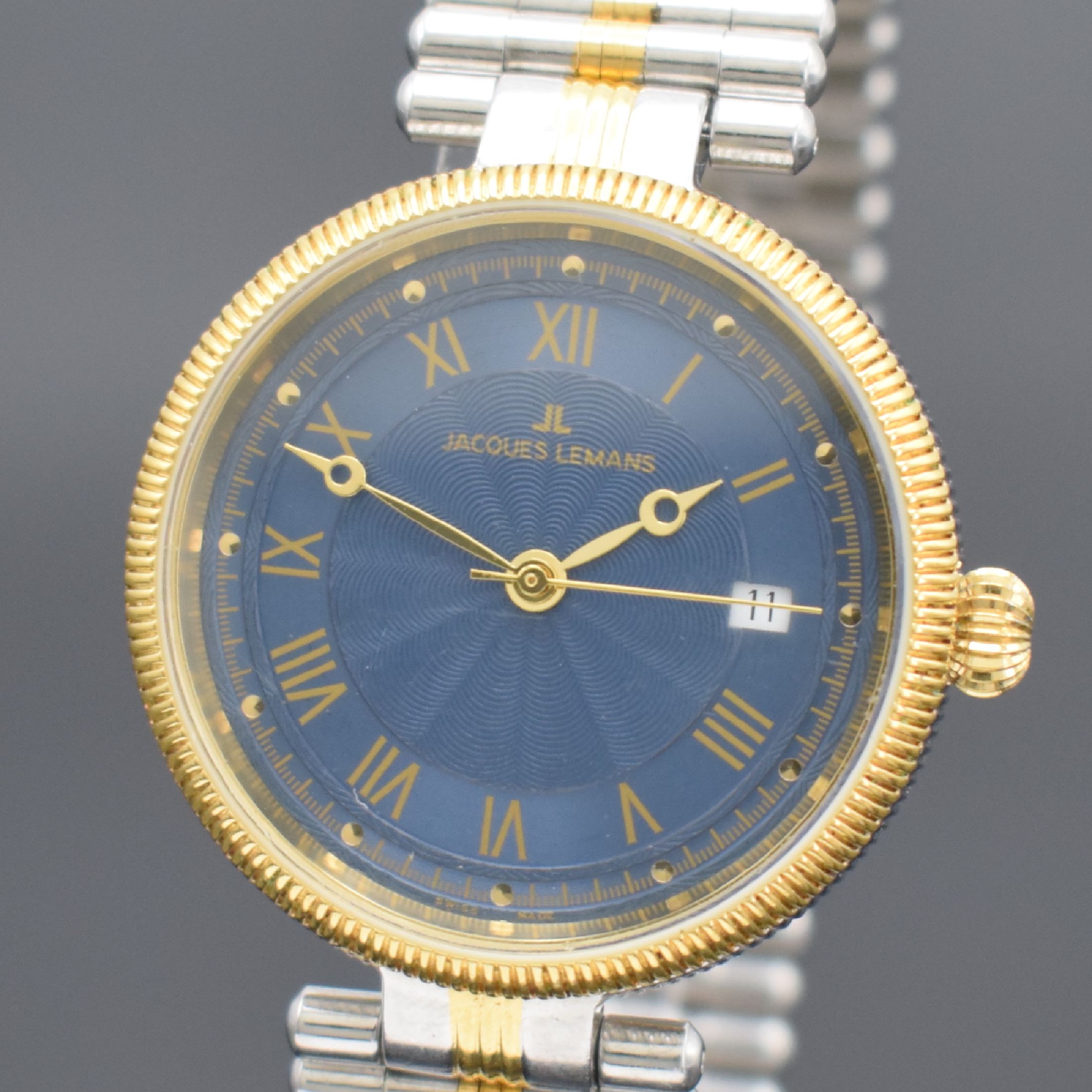 Detail a: JACQUES LEMANS Herrenarmbanduhr in Stahl/Gold, Schweiz um 2000, Automatik, geriffeltes Geh. & Lünette, Boden verschr., neutr. Stahlband m. dopp. ...