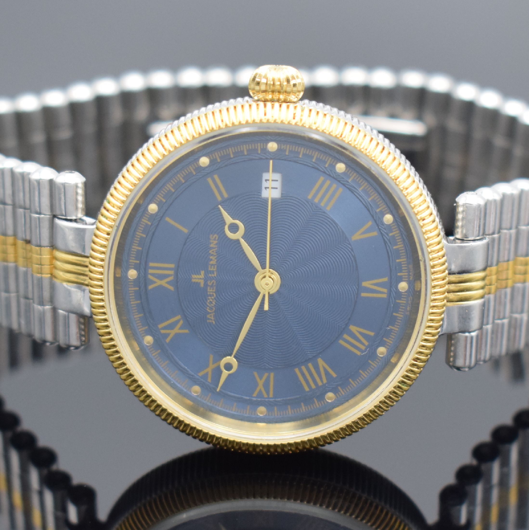 Detail b: JACQUES LEMANS Herrenarmbanduhr in Stahl/Gold, Schweiz um 2000, Automatik, geriffeltes Geh. & Lünette, Boden verschr., neutr. Stahlband m. dopp. ...