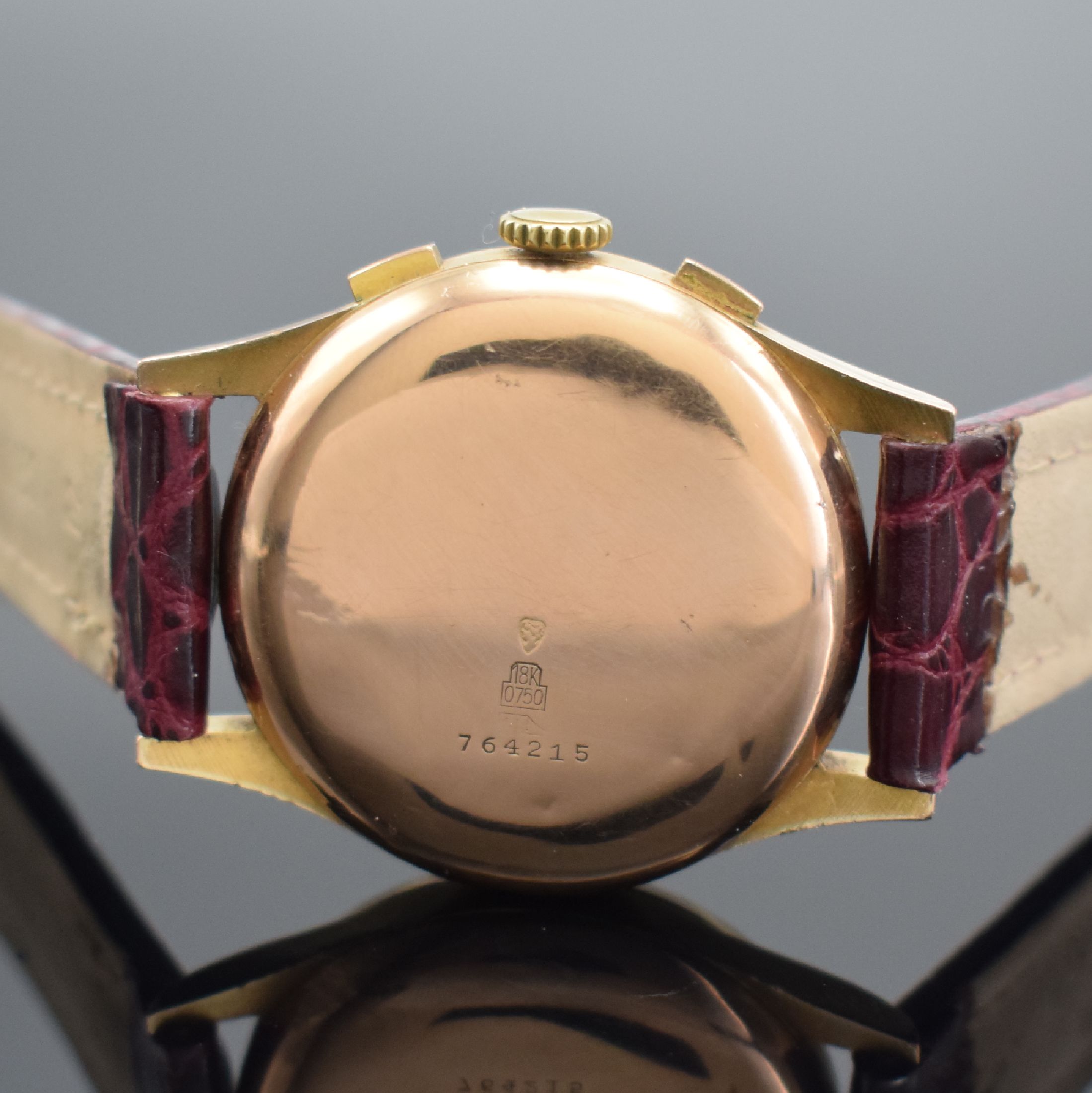Detail d: DOGMA Prima Herrenchronograph in RoséG 750/000, Schweiz um 1950, Handaufzug, Geh. dell., Boden & Glasrand aufgedr., kupferfarb. Zifferbl. m. arab. ...