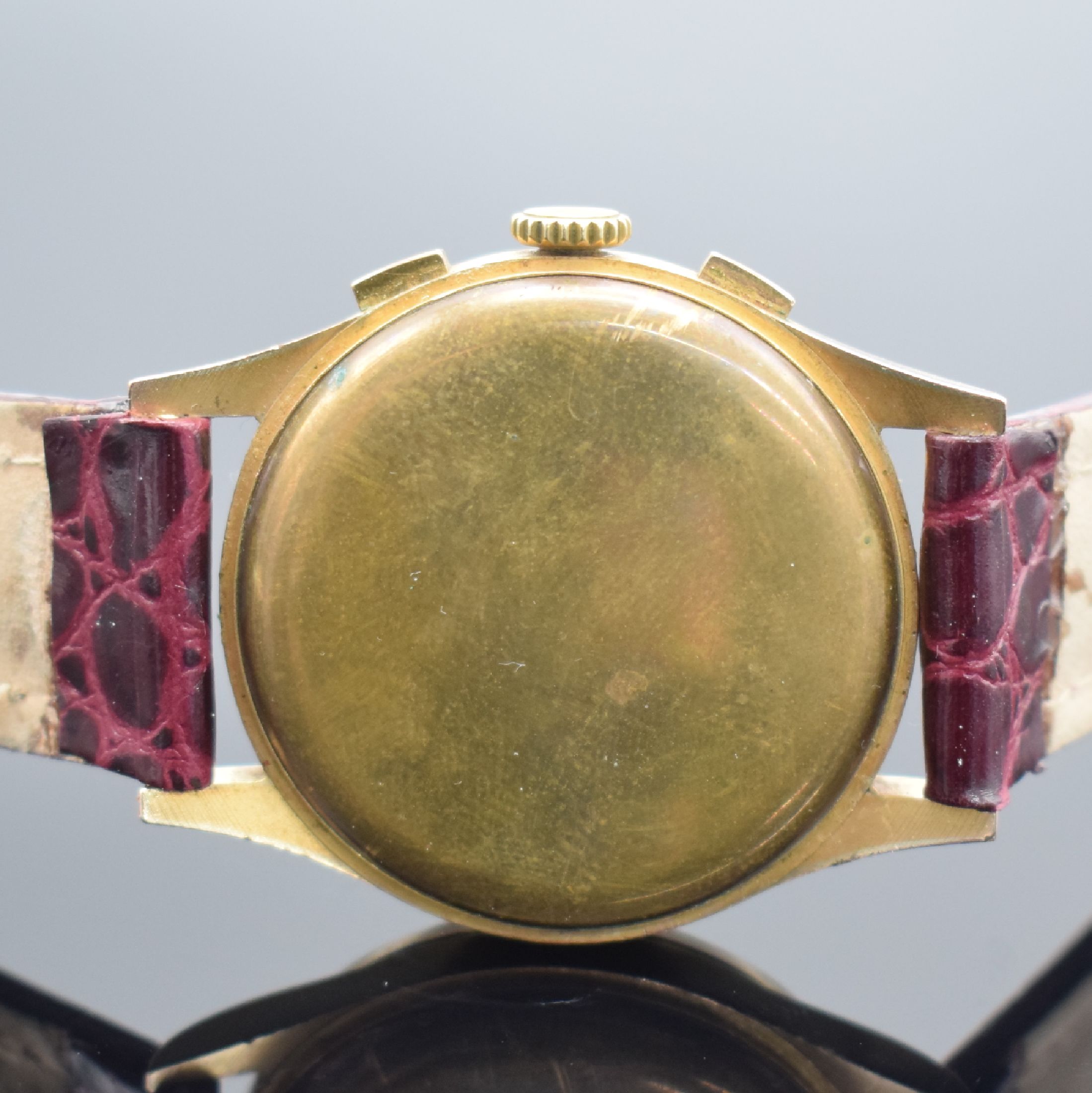 Detail e: DOGMA Prima Herrenchronograph in RoséG 750/000, Schweiz um 1950, Handaufzug, Geh. dell., Boden & Glasrand aufgedr., kupferfarb. Zifferbl. m. arab. ...