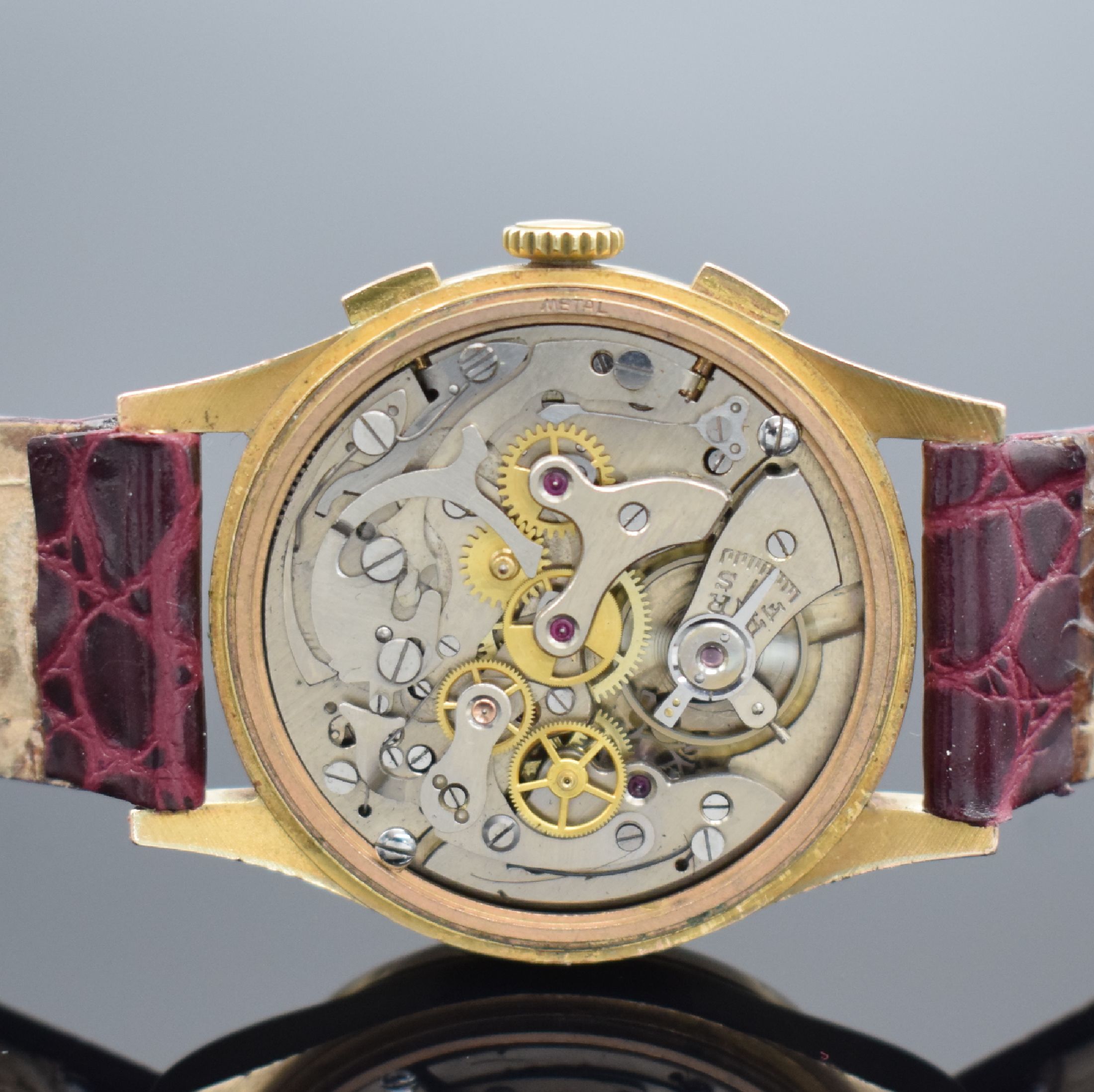 Detail f: DOGMA Prima Herrenchronograph in RoséG 750/000, Schweiz um 1950, Handaufzug, Geh. dell., Boden & Glasrand aufgedr., kupferfarb. Zifferbl. m. arab. ...