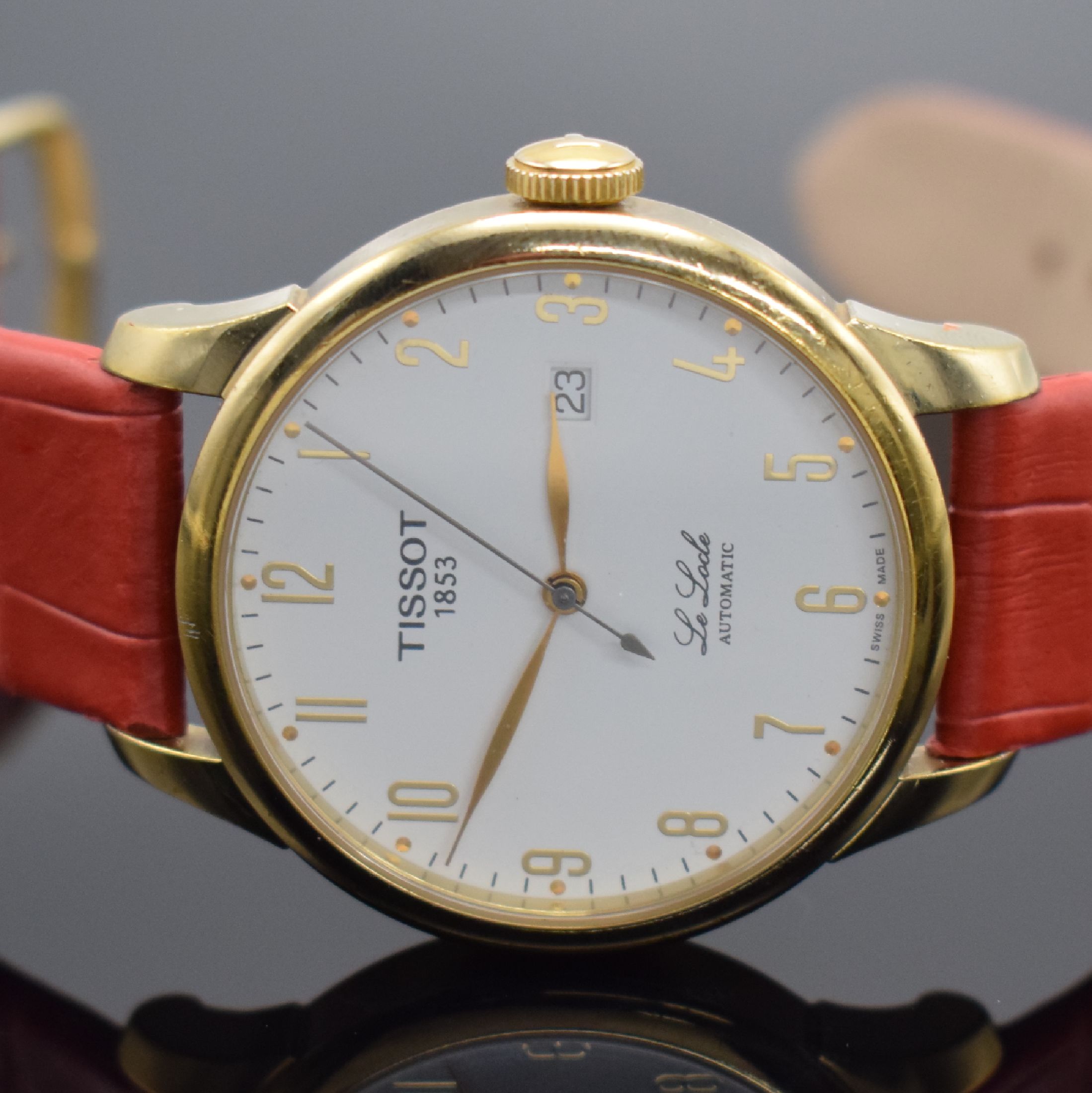 Detail b: TISSOT Le Locle vergoldete Herrenarmbanduhr,Schweiz um 2005, Automatik, Ref. L164/264, beids. vergl. Geh., Boden aufgedr., Saphirglas, weißes ...