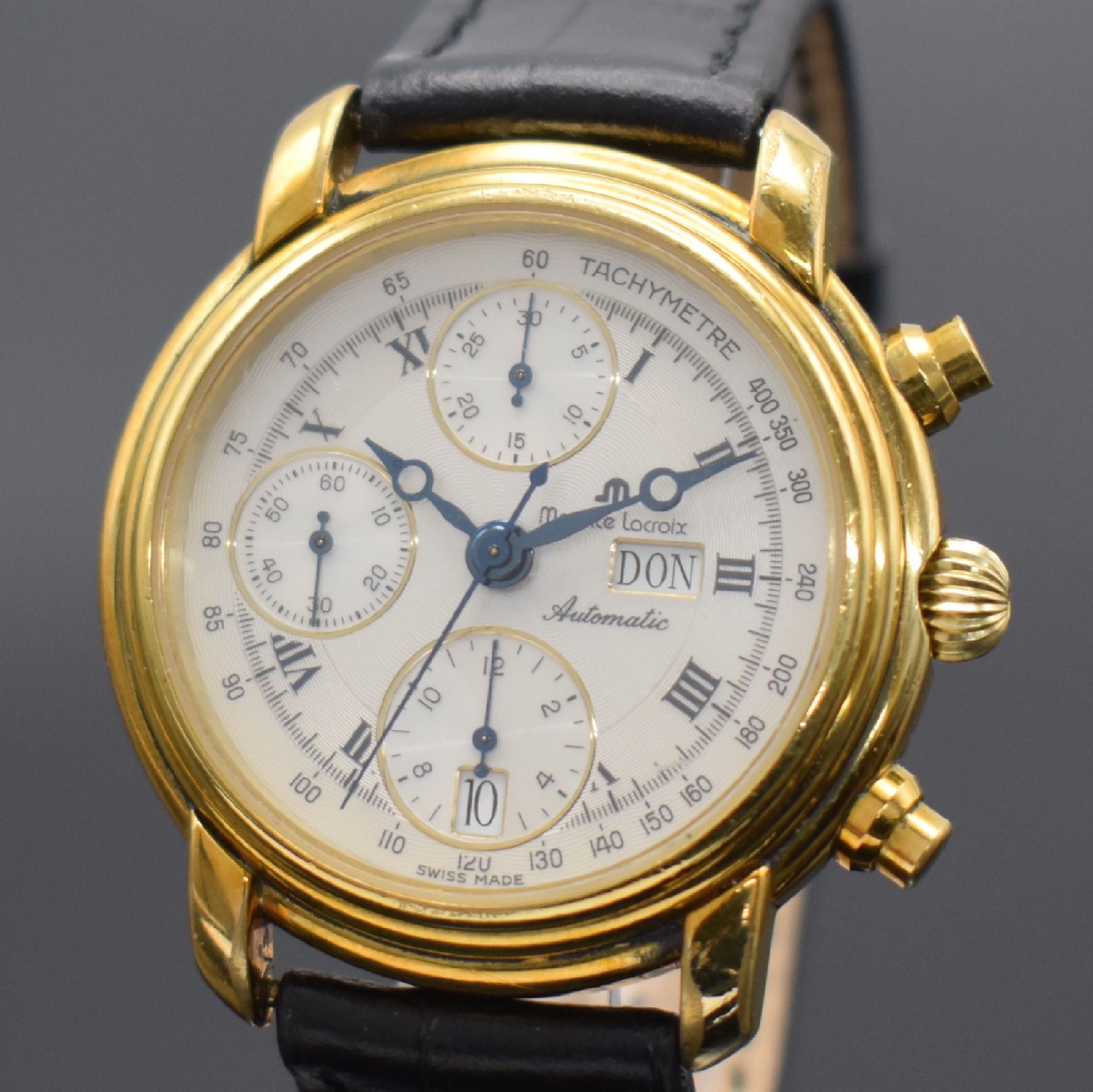 Detail a: MAURICE LACROIX Croneo vergoldete Herrenarmbanduhr mit Chronograph, Schweiz um 1995, Automatik, Ref. 39353, Boden aufgedr., silb. guill. ...