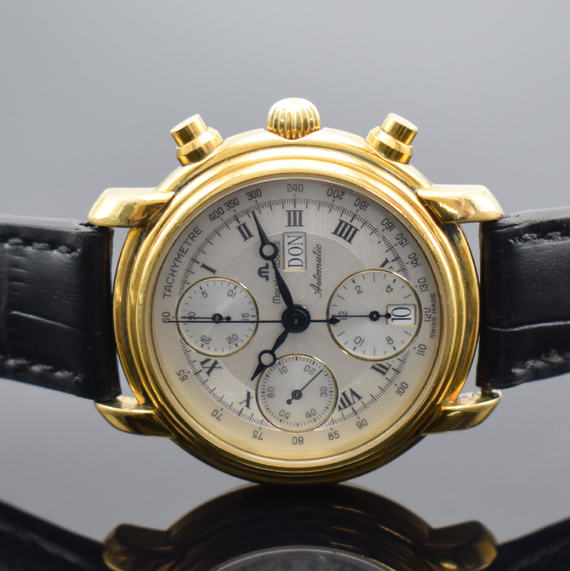 Detail b: MAURICE LACROIX Croneo vergoldete Herrenarmbanduhr mit Chronograph, Schweiz um 1995, Automatik, Ref. 39353, Boden aufgedr., silb. guill. ...