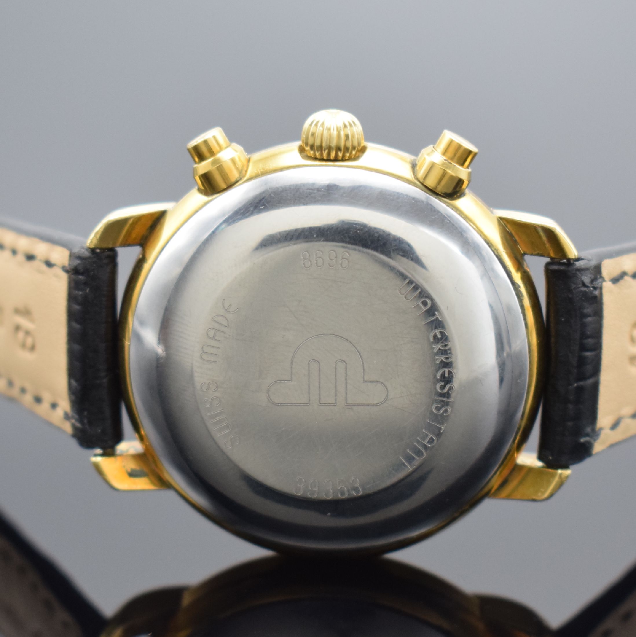 Detail c: MAURICE LACROIX Croneo vergoldete Herrenarmbanduhr mit Chronograph, Schweiz um 1995, Automatik, Ref. 39353, Boden aufgedr., silb. guill. ...