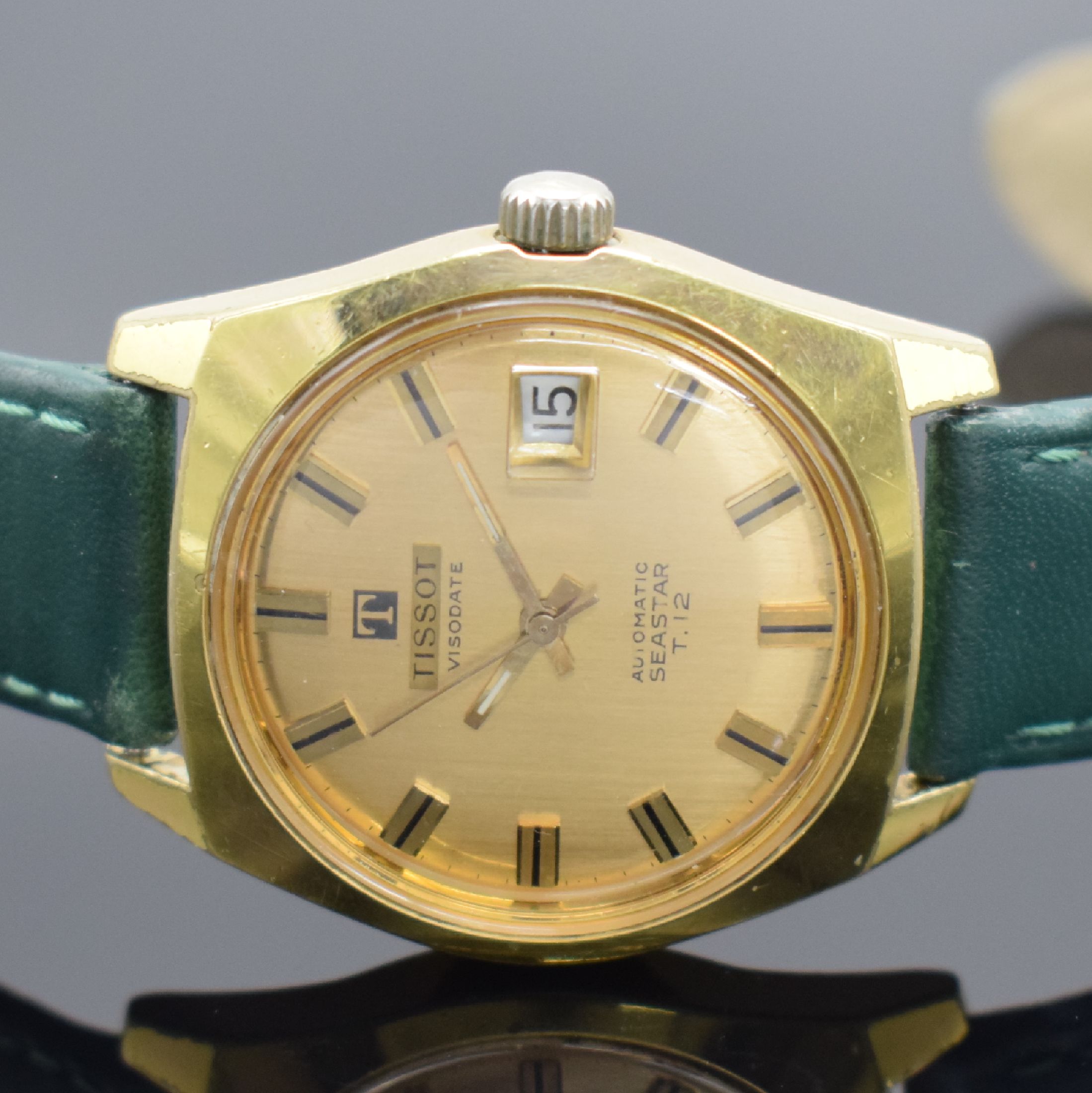 Detail b: TISSOT Visodate Seastar T.12 vergoldete Herrenarmbanduhr, Schweiz um 1965, Automatik, verschr. Boden, goldfarb. Zifferbl. m. aufgel. Ind., gold. ...