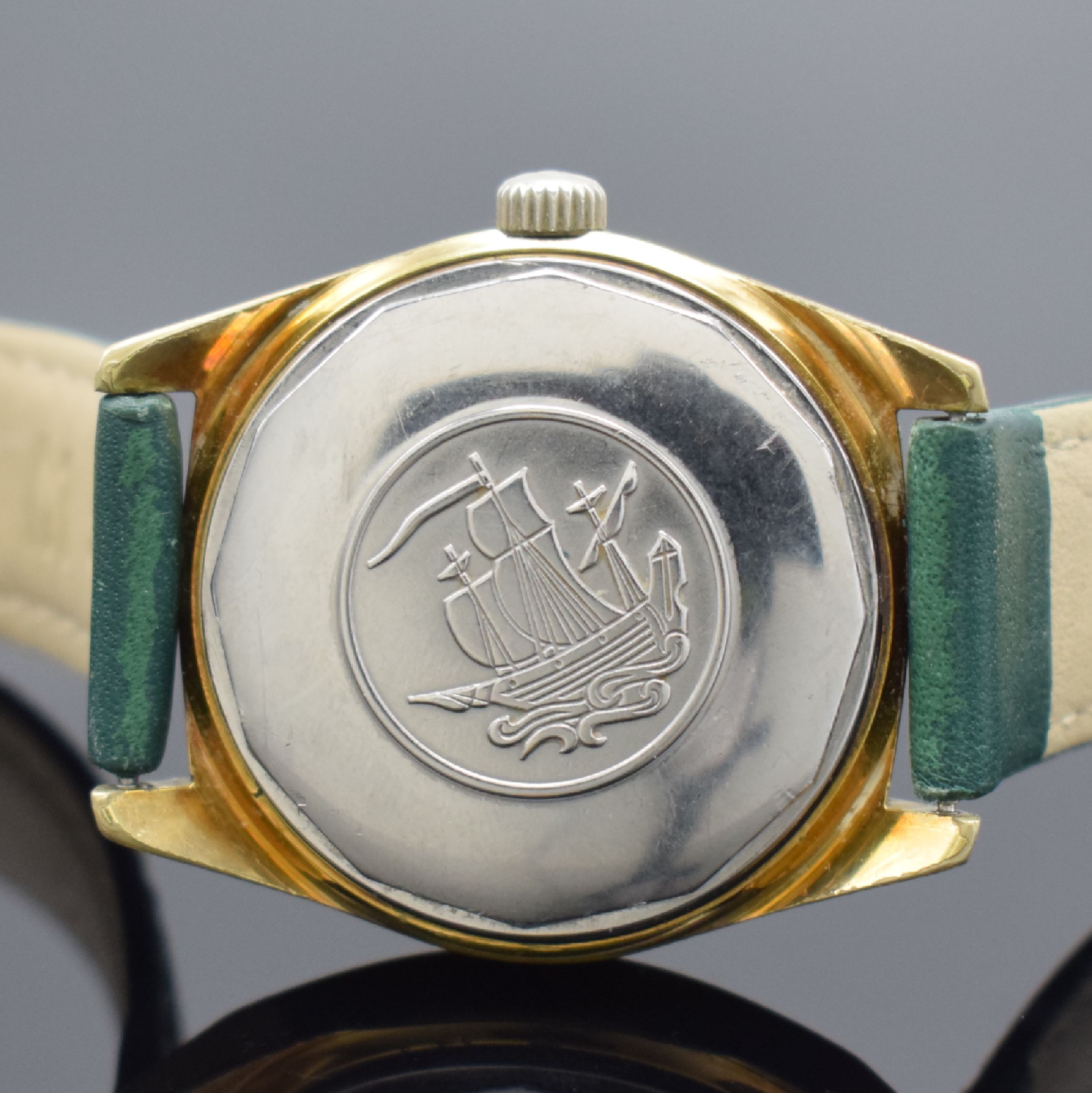 Detail d: TISSOT Visodate Seastar T.12 vergoldete Herrenarmbanduhr, Schweiz um 1965, Automatik, verschr. Boden, goldfarb. Zifferbl. m. aufgel. Ind., gold. ...