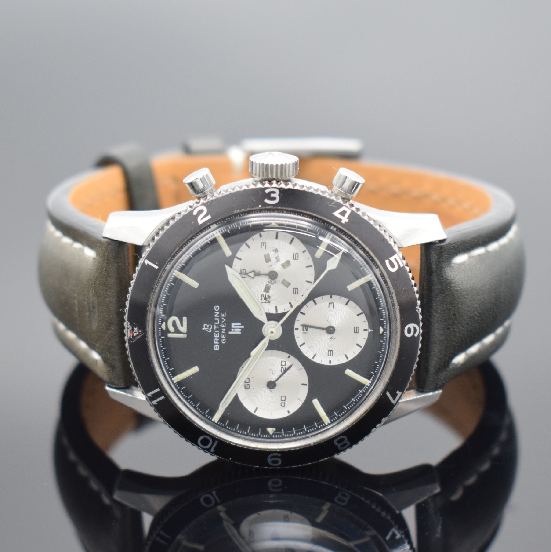 Detail b: BREITLING / LIP seltener Schaltradchronograph Co-Pilot Referenz 765 CP, Schweiz um 1966, Handaufzug, Edelstahlgeh., Boden verschr., modernes ...