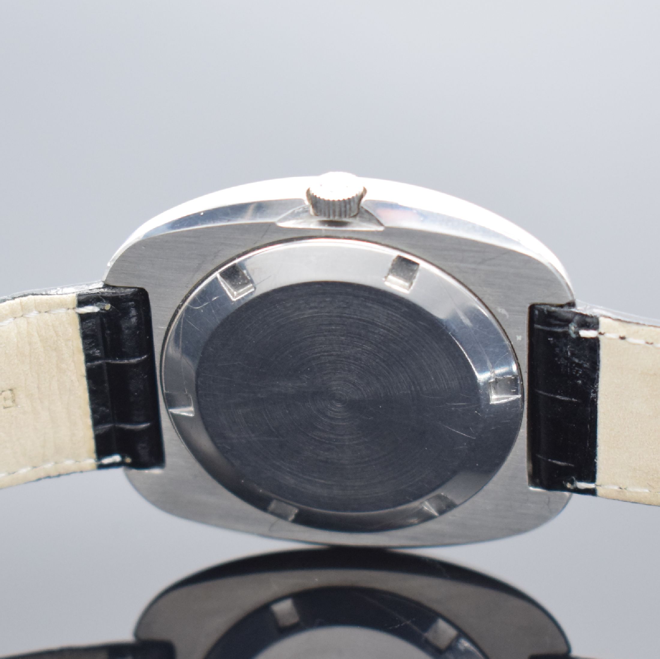 Detail c: ETERNA-MATIC 36000 Fast Beat Herrenarmbanduhr in Stahl, Schweiz um 1975, Automatik, matt. Edelstahlgeh., Boden verschr., silb. Zifferbl. m. ...