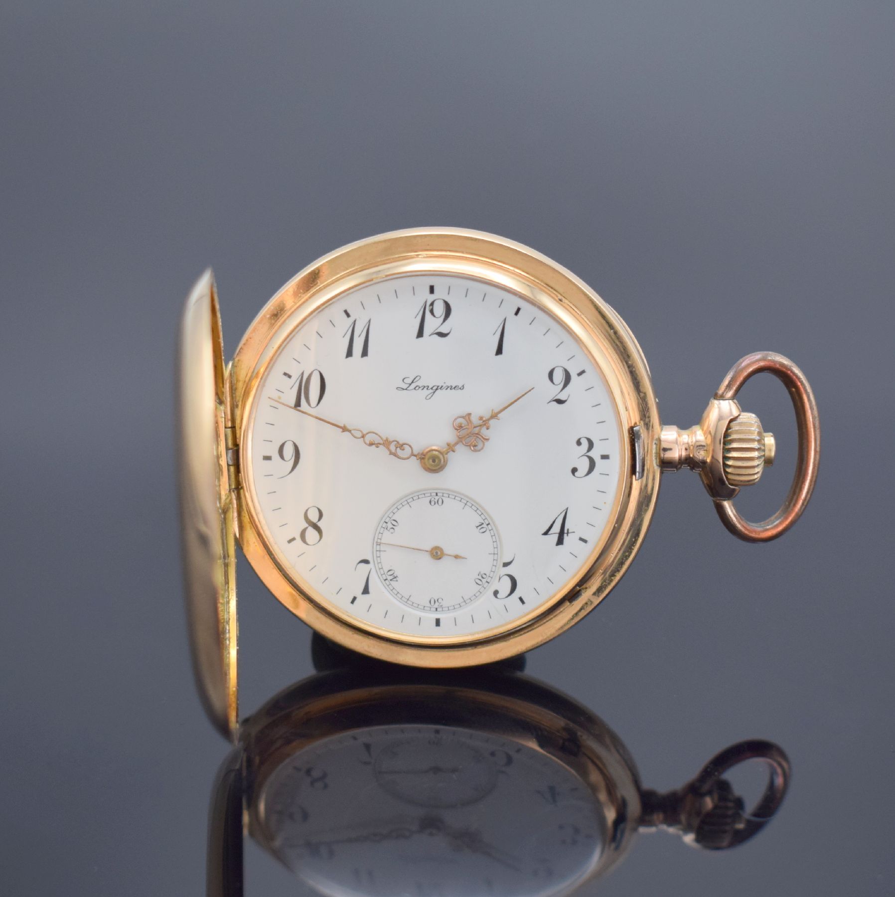 LONGINES Herrensavonette in RG 585/000, Schweiz um 1900, glattes 2-Deckel-Goldgeh., 2 -tlg. Emailzifferbl. riss., verg. Präzisionswerk, 16 St., ...