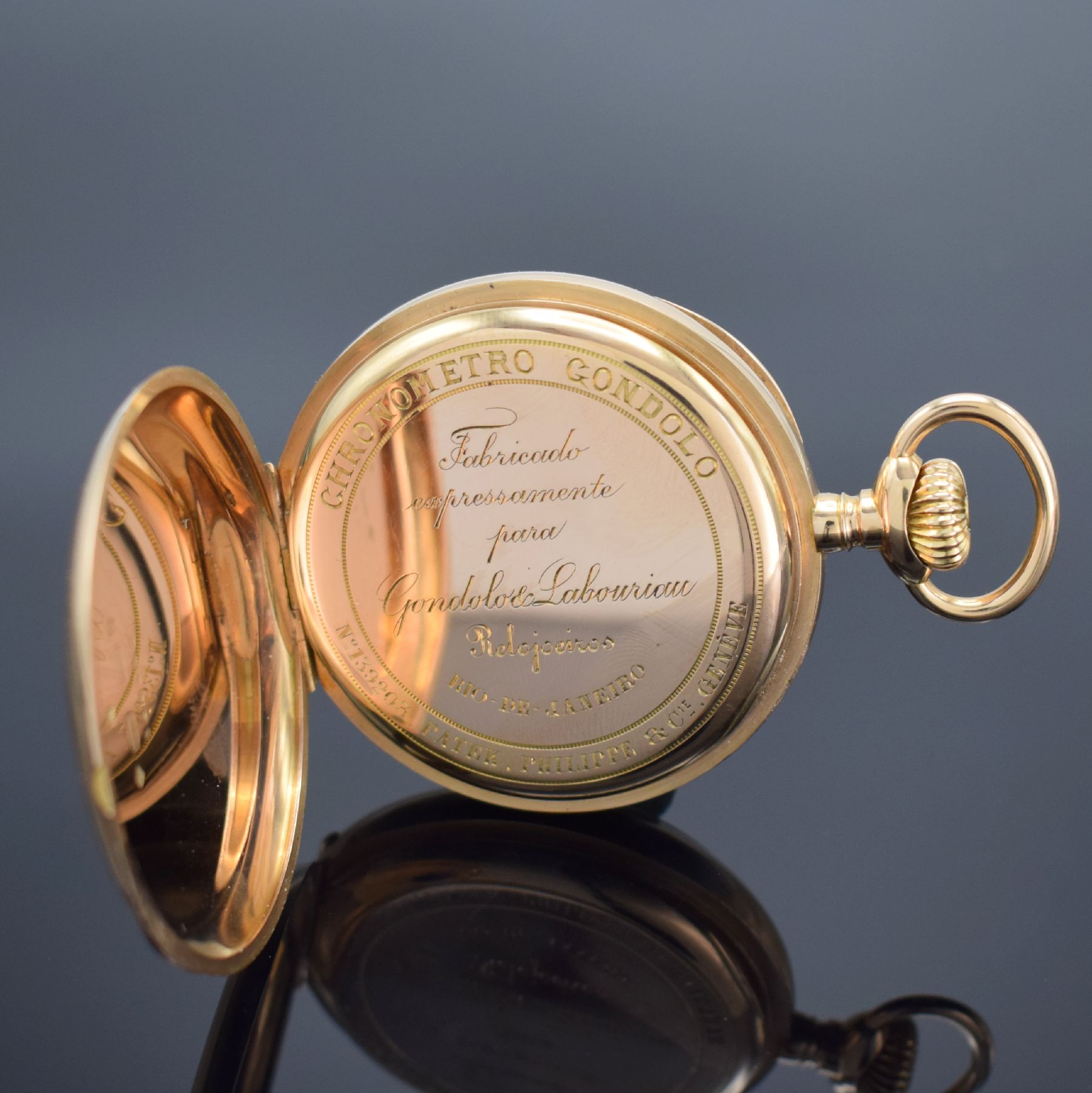 Detail c: PATEK PHILIPPE Chronometro Gondolo große offene Taschenuhr in RoseG 750/000, Schweiz um 1900, schweres guill. Geh., sign. Cuvette, 2-tlg. ...